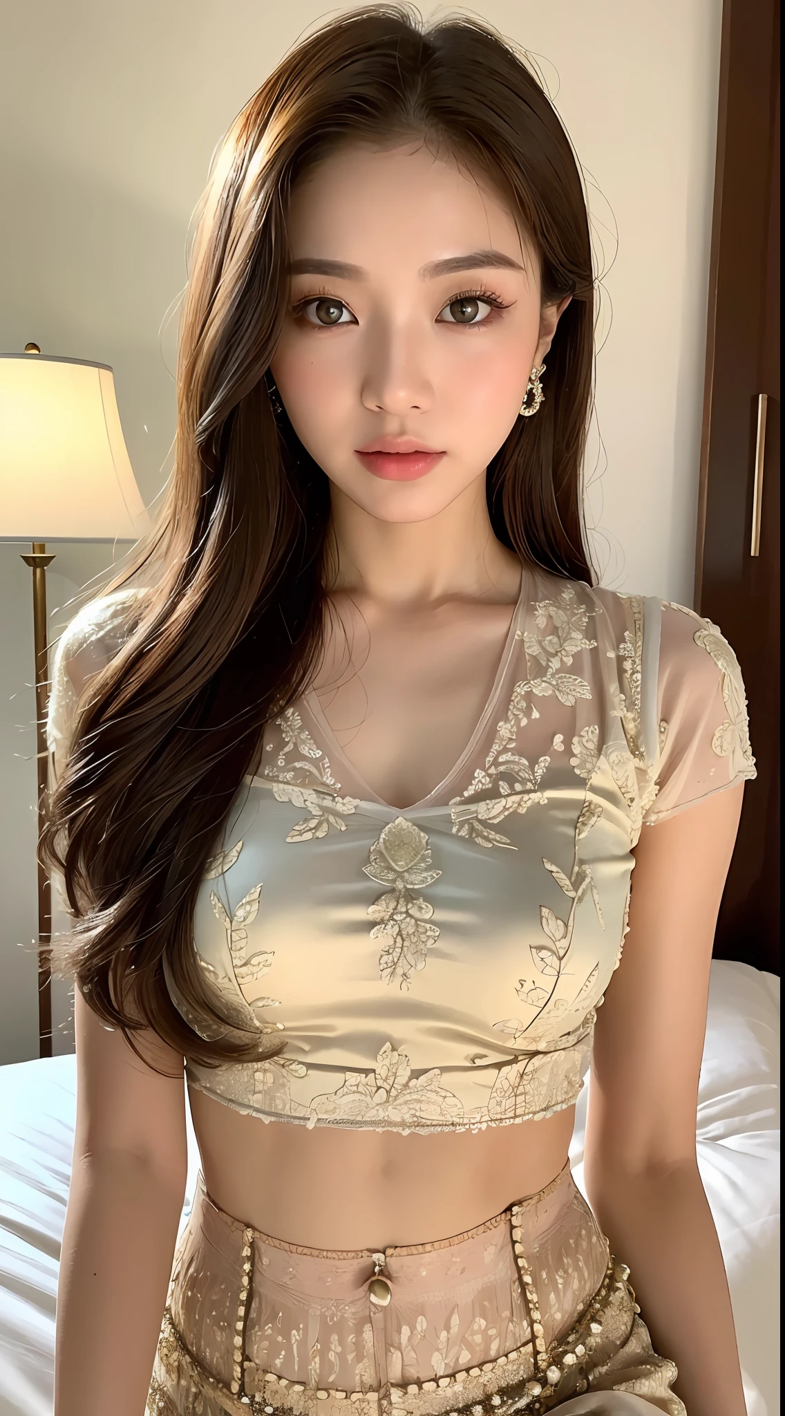 ((Realistic Light, Top Quality, 8k, Masterpiece: 1.3)), Candid, 1 Girl, Pretty Woman with Perfect Figure: 1.4, Abs: 1.1, (Brown Hair, Small: 1.5), Javanese Kebaya: 1.2, Bed, Ultra Detailed Face, Detailed Eyes, Double Eyelids, Tuyu Face: 1.5
