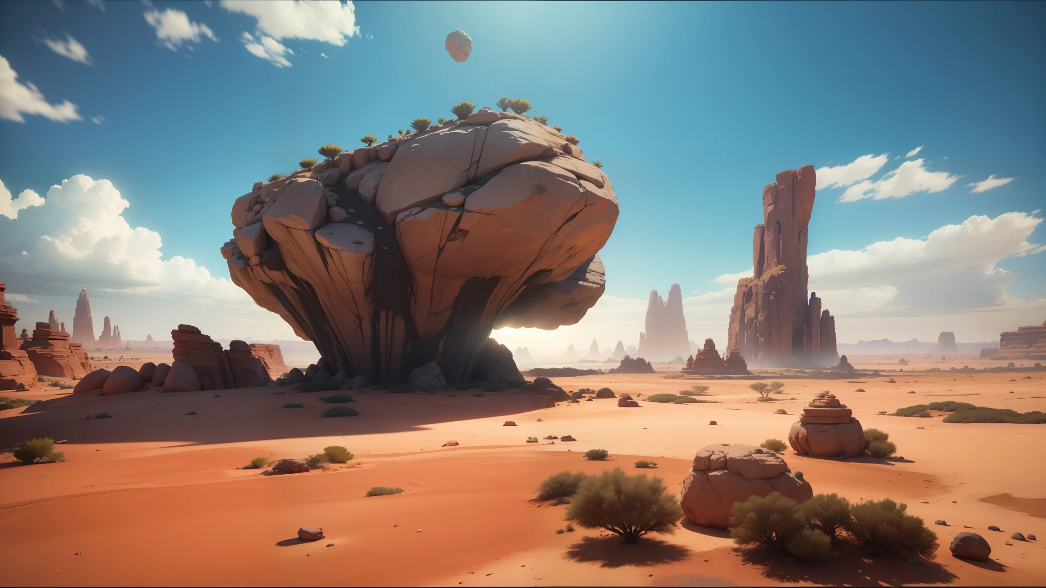 there is a large rock formation in the middle of a desert, holding a pair of fans. unreal 5, gameplay screenshot, landscape of africa, biopunk environment, vivid vegetation, celestial gardens, 2 0 1 9, unity engine, prerendered graphics, the witness