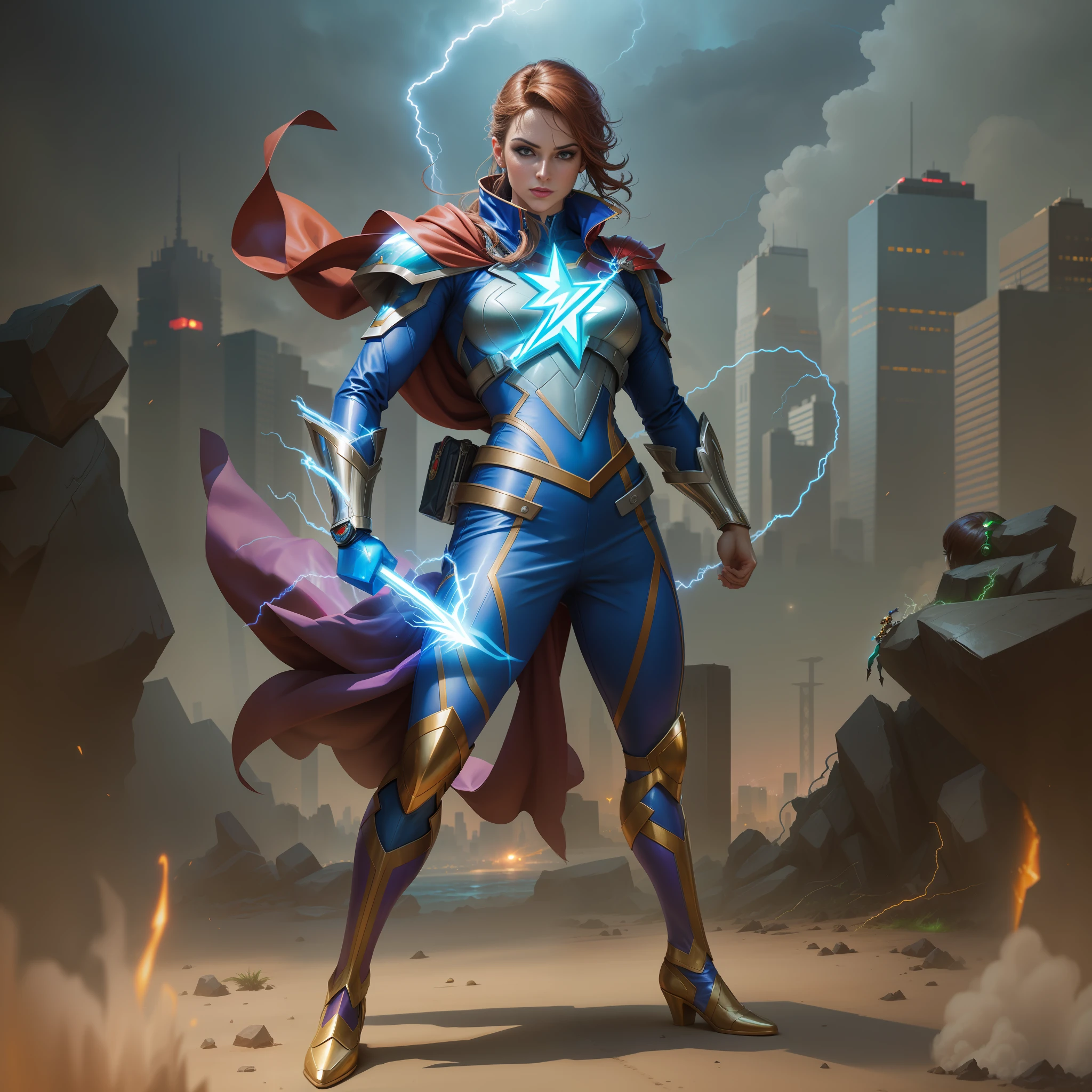 Arafod image of a woman in a superhero costume holding lightning, hero pose colorful city lighting, full portrait of an electronic master, hero male pose, hero character art, iconic character splash art, Juan Villafulte, official splash art, Alexander Sharp Ross, Luis Miranda, full portrait of the magic knight, artgerm jsc