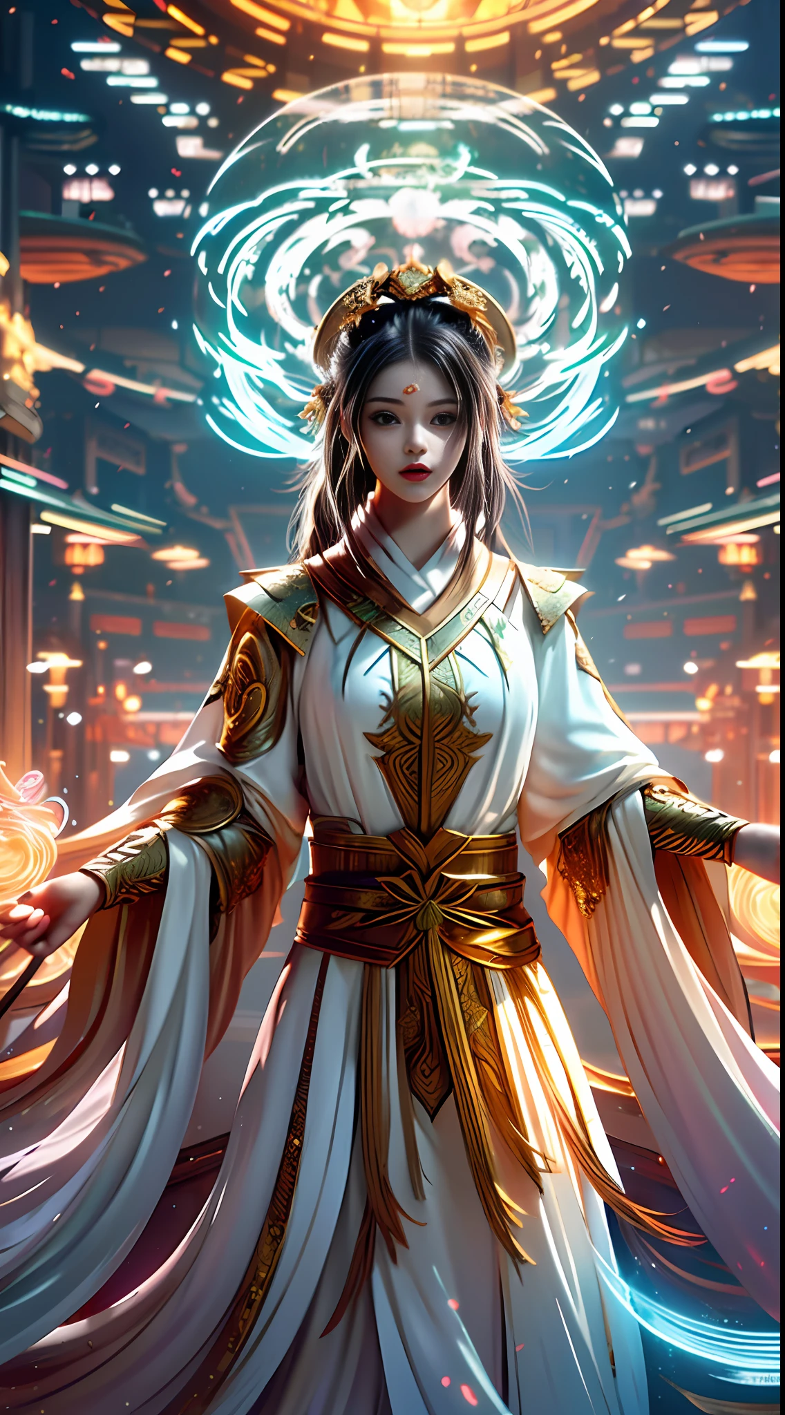(masterpiece, top quality, best quality, official art, beautiful and aesthetic:1.2), (1girl), extreme detailed, (fractal art:1.3), colorful, highest detailed, perfect face, upper body, HDR, (praying:1.3), (white cloak golden lines:1.2), galaxy, (light streaks), striking visuals, (dynamic streaks, luminous trails:1.2), vibrant colors,