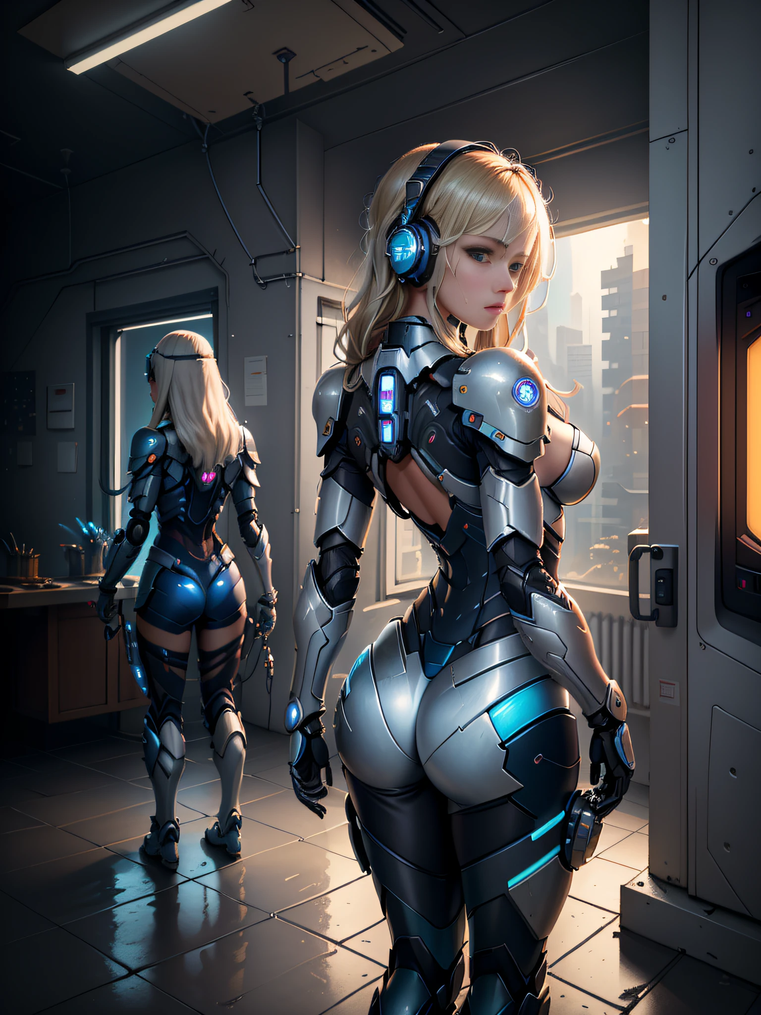 sexy girl in bluish armor, open navel, inside a cold freezer, mecha suit, blonde hair, headset, machine environments, tentacle cables flying, cyberpunk technology, cables jaunting, lens flare, by Mathias Kollros, by Julia Pishtar, olivia de bernardinis, by steven belledin, alina ivanchenko, neon interiors, wet floor, (masterpiece:1.3), (best quality:1.1), (intricate detail:1.1), (overhead shot:1.5), (back view:1.5)