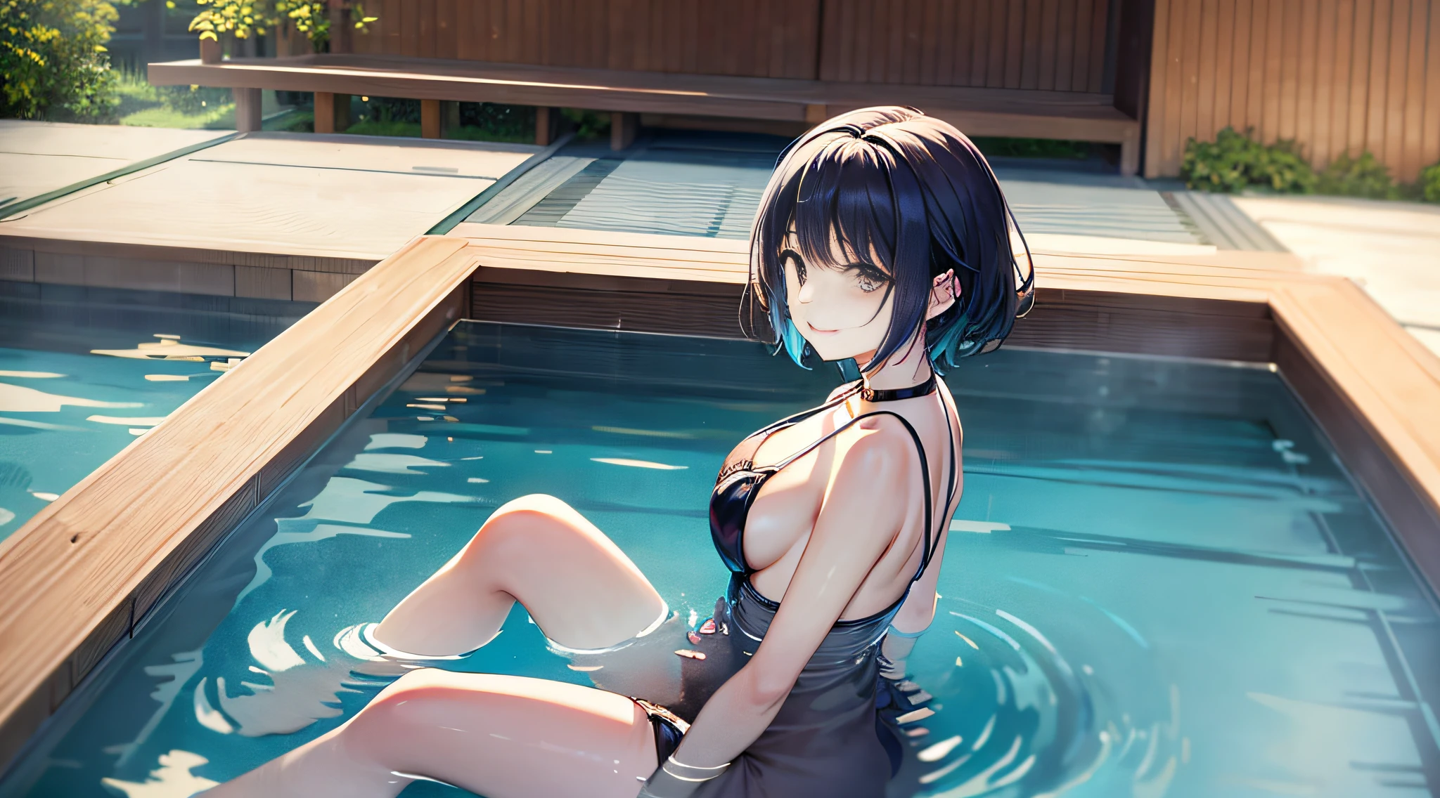 there is a woman sitting in a pool of water with her legs crossed, ayaka, onsen, rin, sayori, young sensual gravure idol, young pretty gravure idol, realistic young gravure idol, 奈良美智, sakimichan hdri, smile,