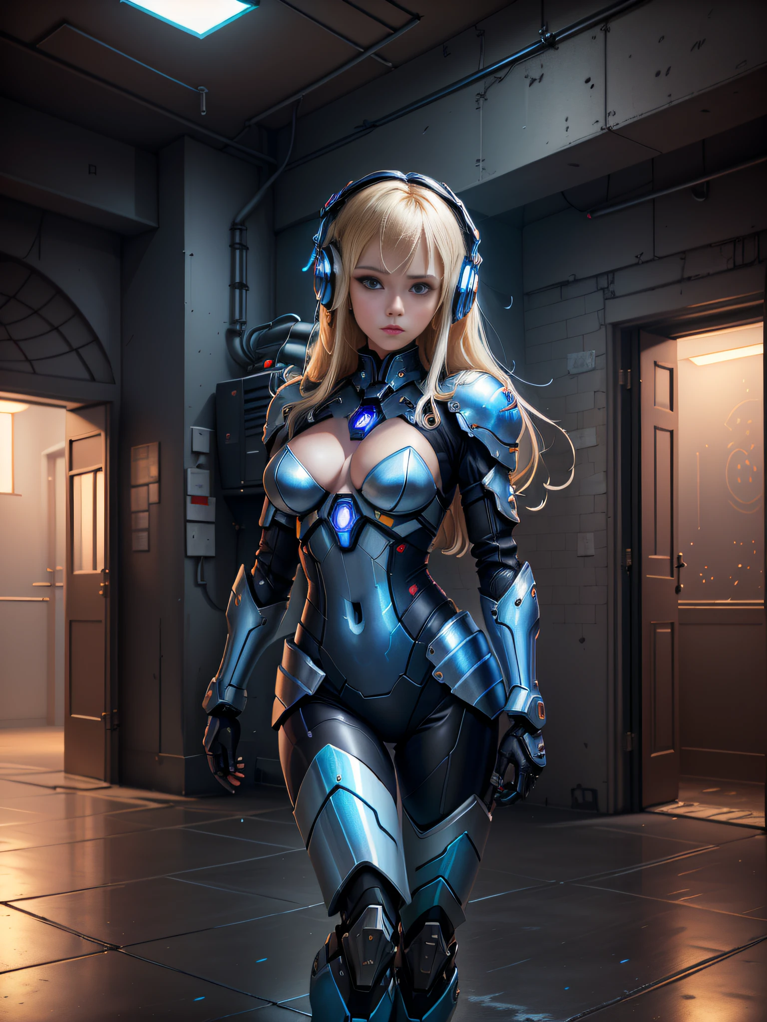 sexy girl in bluish armor, open navel, inside boiler room, fire, heat, mecha suit, blonde hair, headset, machine environments, tentacle cables flying, cyberpunk technology, cables jaunting, lens flare, by Mathias Kollros, by Julia Pishtar, olivia de bernardinis, by steven belledin, alina ivanchenko, neon interiors, wet floor, (masterpiece:1.3), (best quality:1.1), (intricate detail:1.1), (straight on:1.5), (wide angle view:1.5)