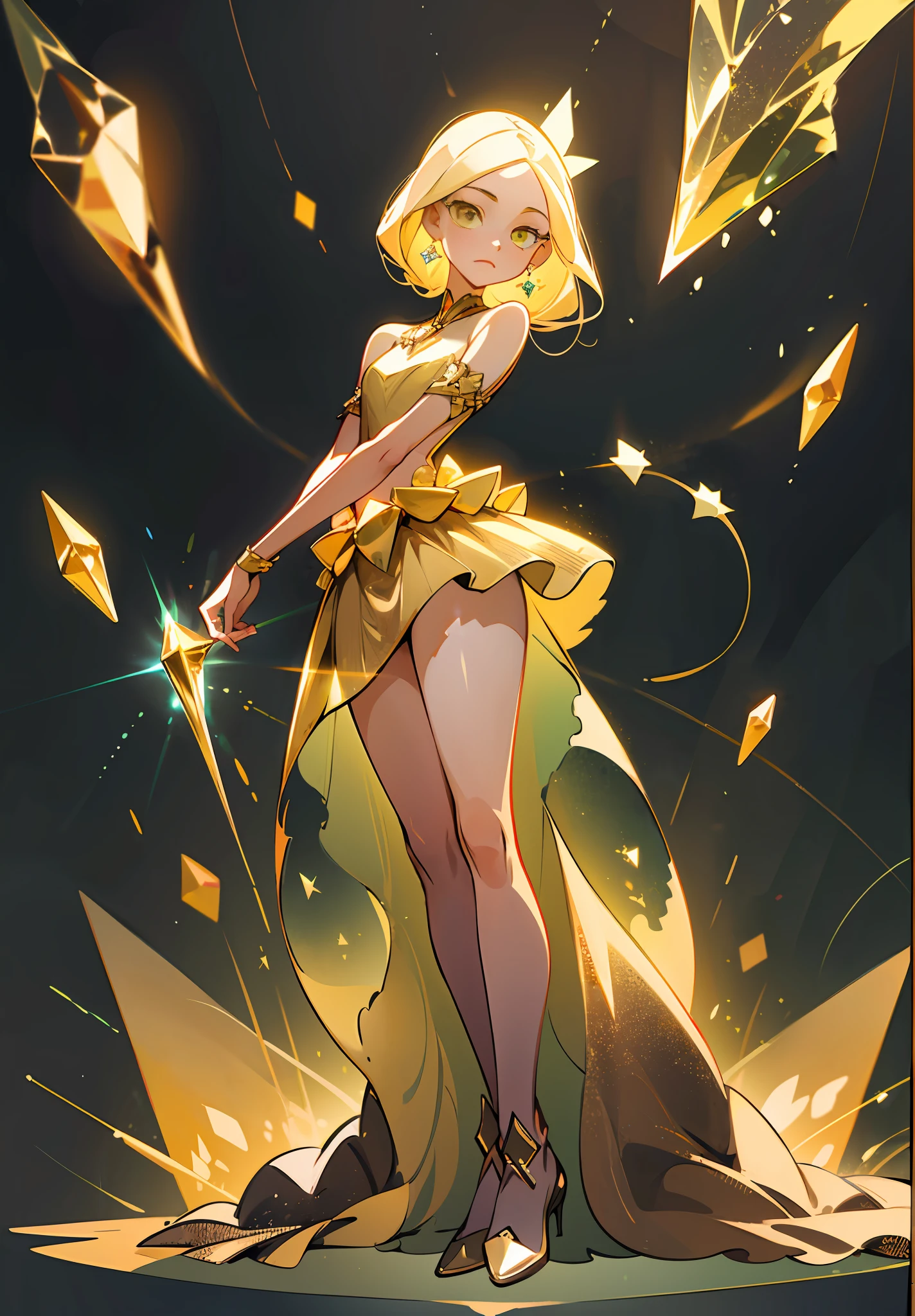 (best quality, masterpiece), 1 girl, yellow diamonds mineral, beautiful full body concept art, simple dark background, looking at viewer, gold long hair, mineral, (best quality, masterpiece), 1 girl, yellow diamonds mineral, beautiful full body concept art, straight long legs, simple dark background, looking at viewer, gold long hair, mineral, ethereal, fantasy, laser transparent, long skirt, depth of field, sleek glass thickness, transparent, cinematic lighting, rendering, 4K, --niji 5