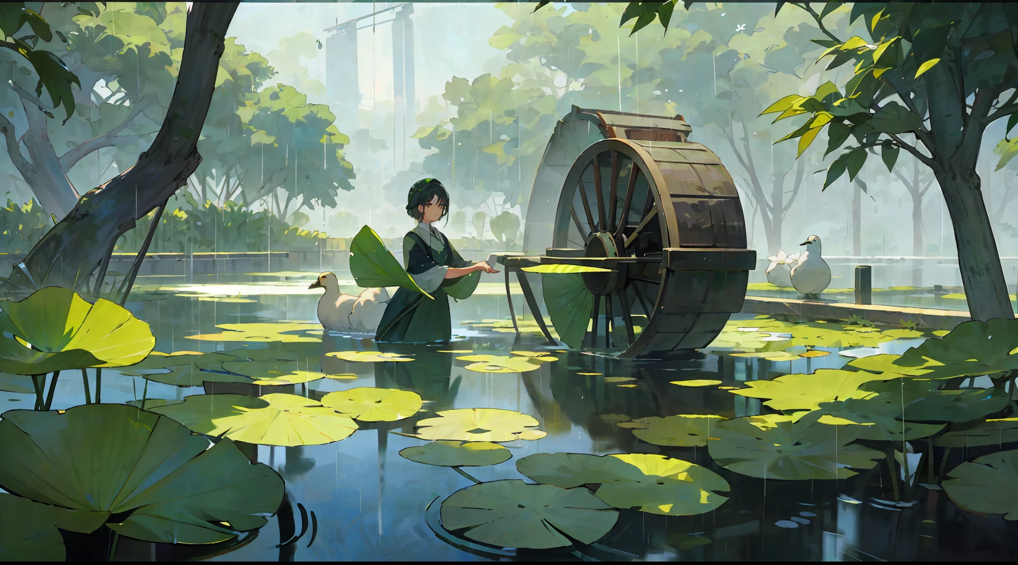 (It is raining heavily), there are lotus leaves in the quiet pond, the waterwheel is turning, there are willow leaves hanging from the top of the screen, there are two ducks in the water, high-definition illustrations, detailed shadows, emerald green, various colors,