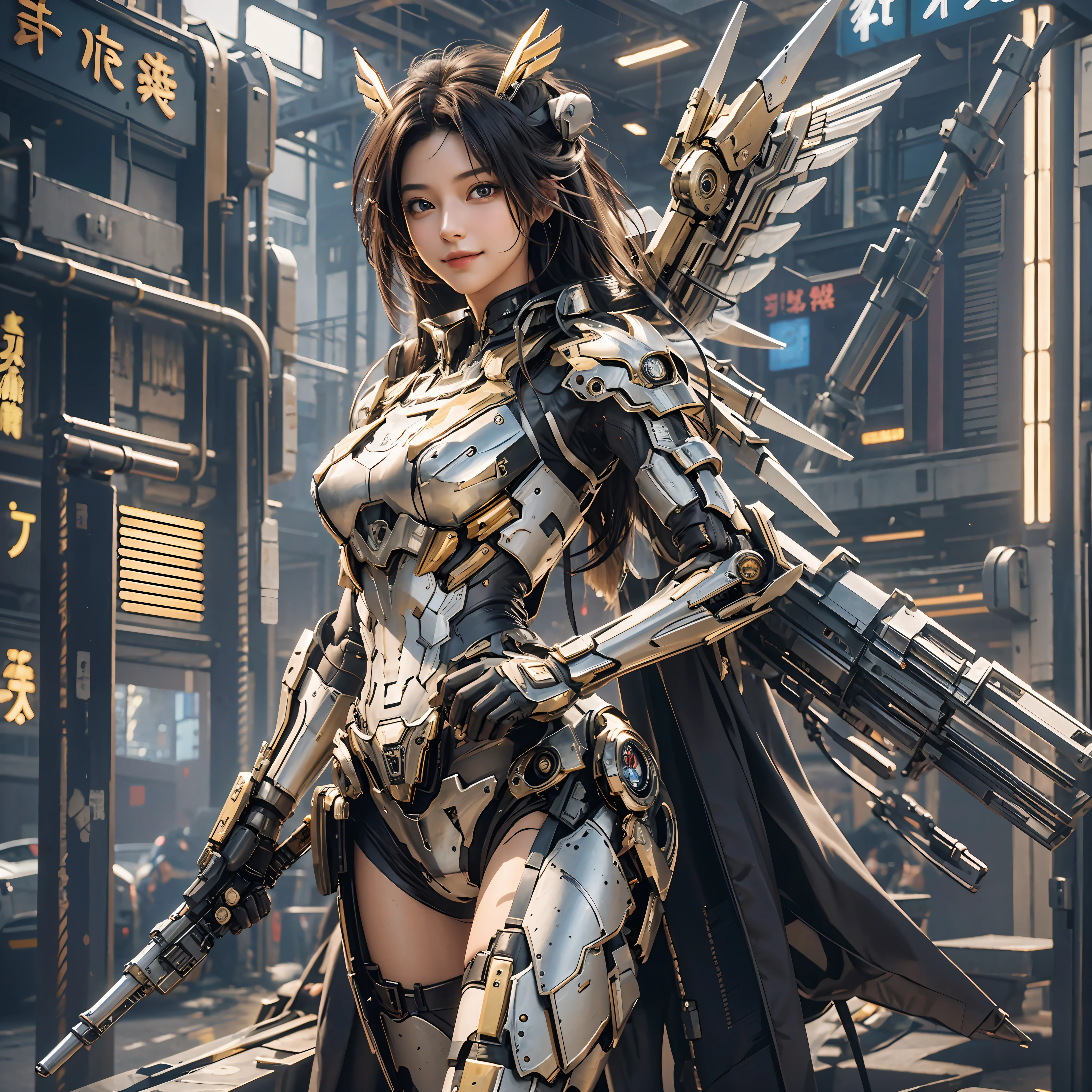 masterpiece,(bestquality),highlydetailed,ultra-detailed,1girl,(mechanicalwings:golden,glowingeyes:blue,goldenrarmor:1.2,elongatedears:0.8),(cyberpunkcity:1.5,weapon:energyblade),(fantasylandscape:1.2,natural lighting:1.5,confidentexpression),(panorama:1.2),mecha, smile,angle,Angels, wings,gold,raw