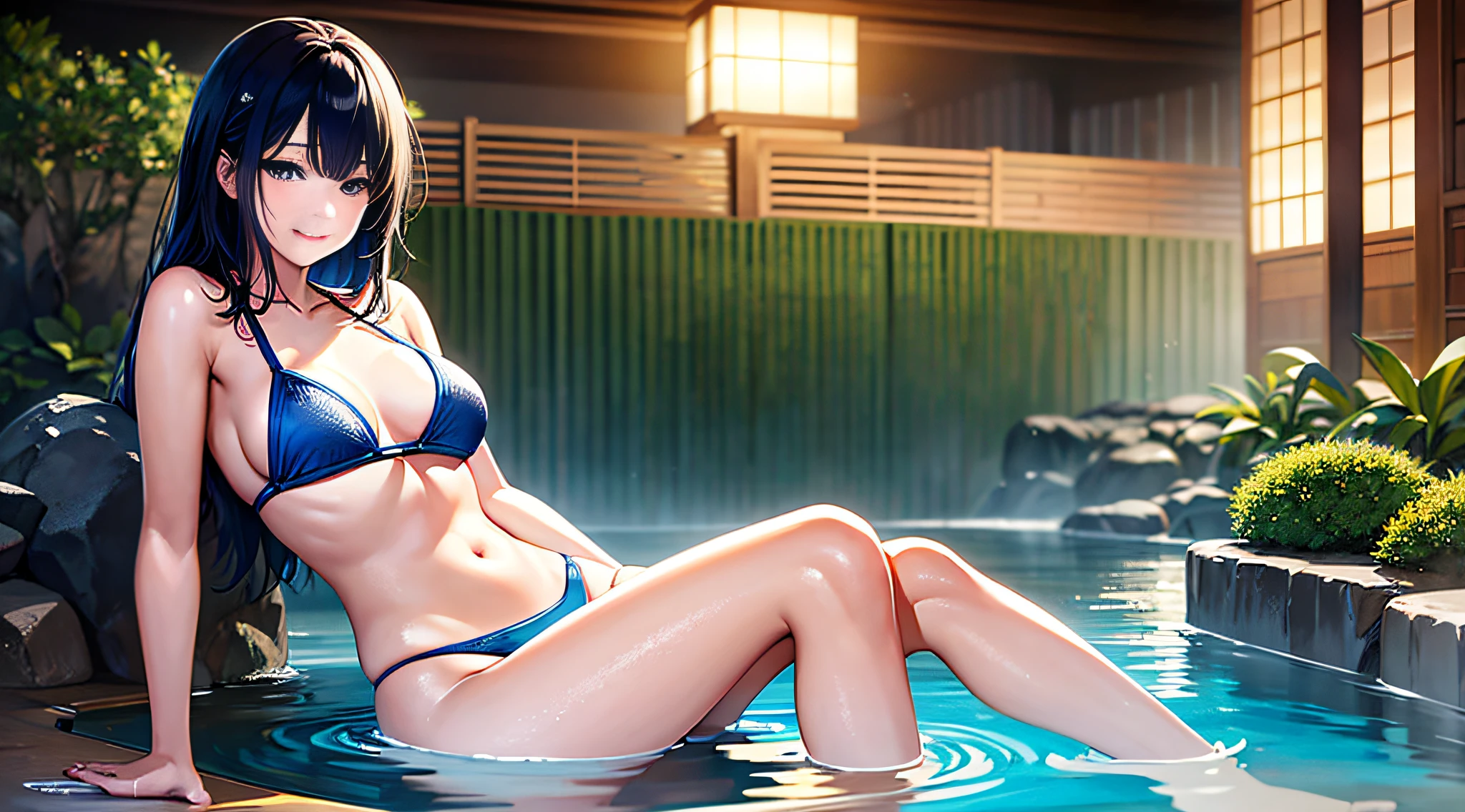 there is a woman sitting in a pool of water with her legs crossed, ayaka, onsen, rin, sayori, young sensual gravure idol, young pretty gravure idol, realistic young gravure idol, 奈良美智, sakimichan hdri, smile,