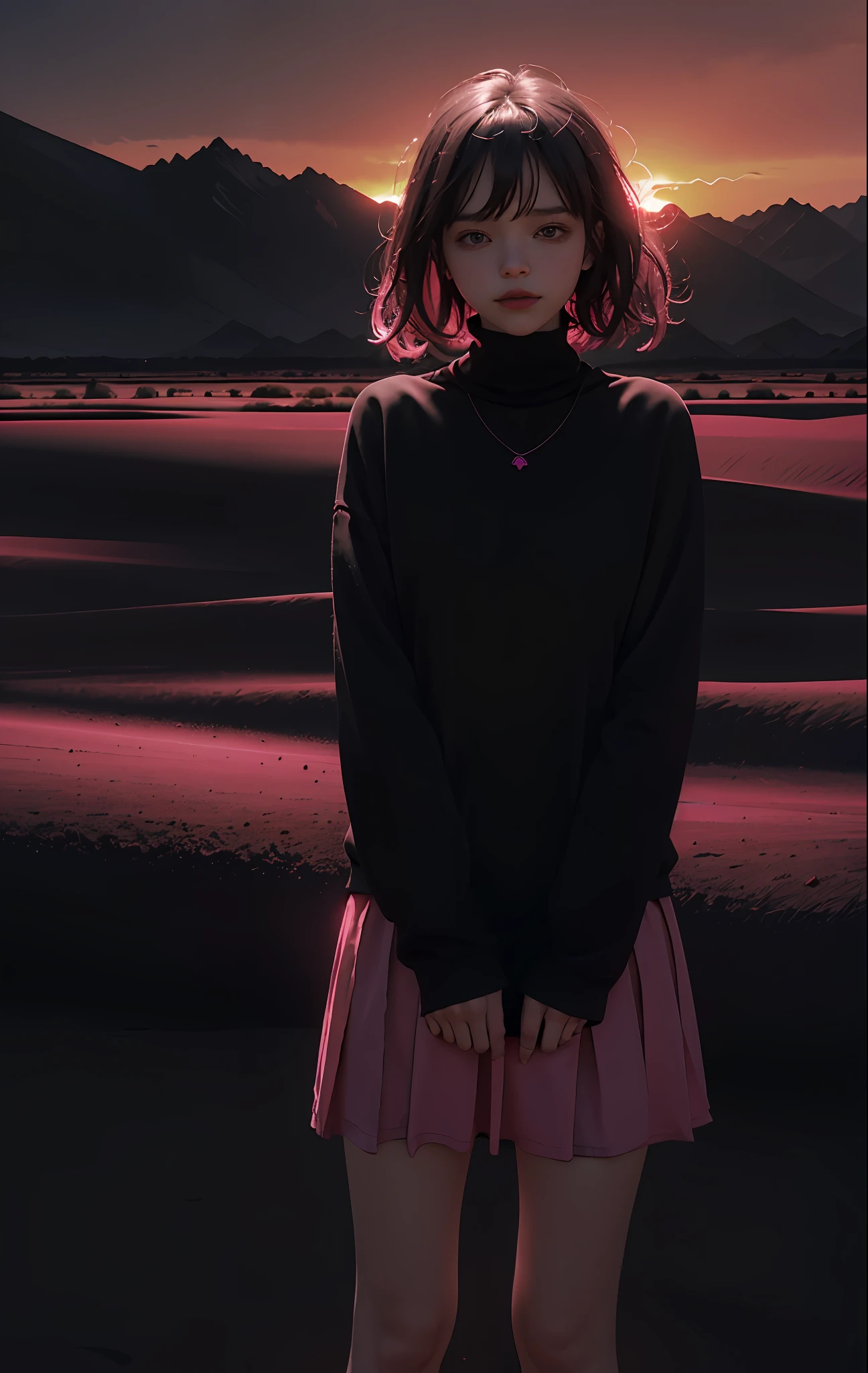 a sunset and a pink line in the desert in the style of ominous vibemonochromatic artworks,felicia simion,digital art techniques light black and magenta,tumblewavelight black and orange--q2--s750--v 5.