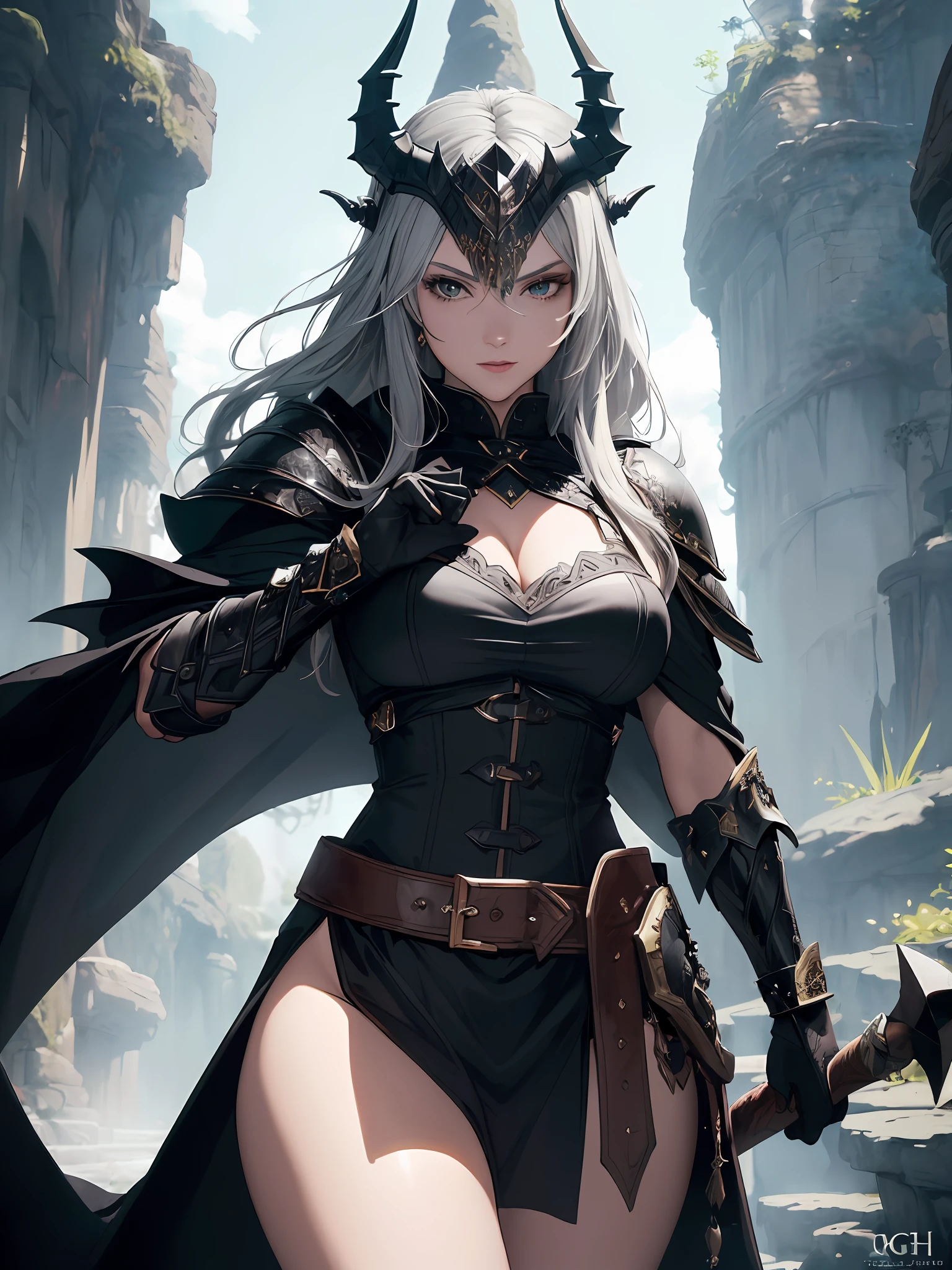 (((Masterpiece, Best Quality, High Definition, High Detail)))), ((((Fantasy)))), ((One Barbarian Woman)), Black Dragon Full Helm, Black Dragon Armor, Black Dragon Gauntlet, Black Dragon Groove, Black Dragon Shield, Black Dragon Axe, Black Cape Cloak