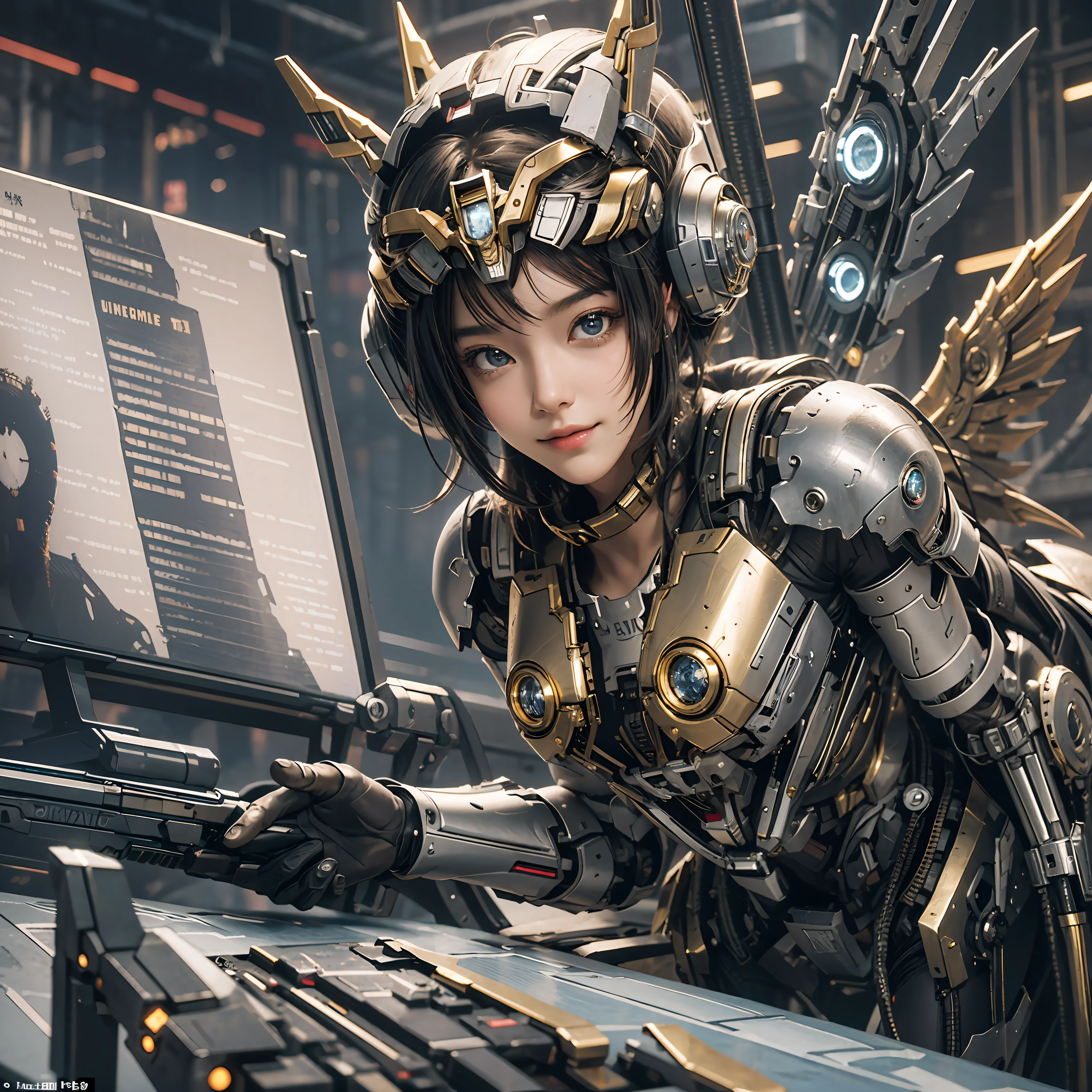 masterpiece,(bestquality),highlydetailed,ultra-detailed,1girl,(mechanicalwings:golden,glowingeyes:blue,goldenrarmor:1.2,elongatedears:0.8),(cyberpunkcity:1.5,weapon:energyblade),(fantasylandscape:1.2,natural lighting:1.5,confidentexpression),(panorama:1.2),mecha, smile,angle,Angels, wings,gold,raw