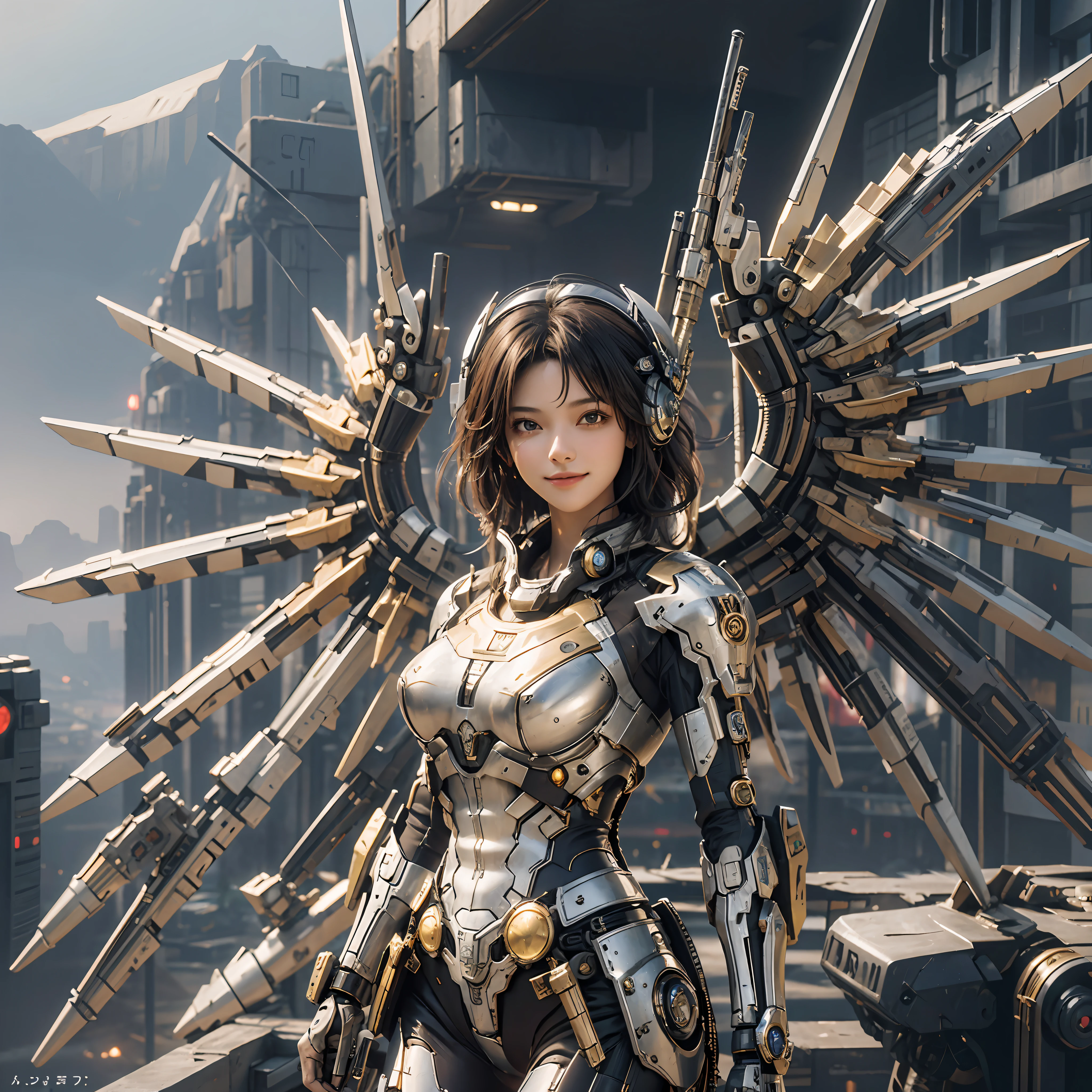 masterpiece,(bestquality),highlydetailed,ultra-detailed,1girl,(mechanicalwings:golden,glowingeyes:blue,goldenrarmor:1.2,elongatedears:0.8),(cyberpunkcity:1.5,weapon:energyblade),(fantasylandscape:1.2,natural lighting:1.5,confidentexpression),(panorama:1.2),mecha, smile,angle,Angels, wings,gold,raw