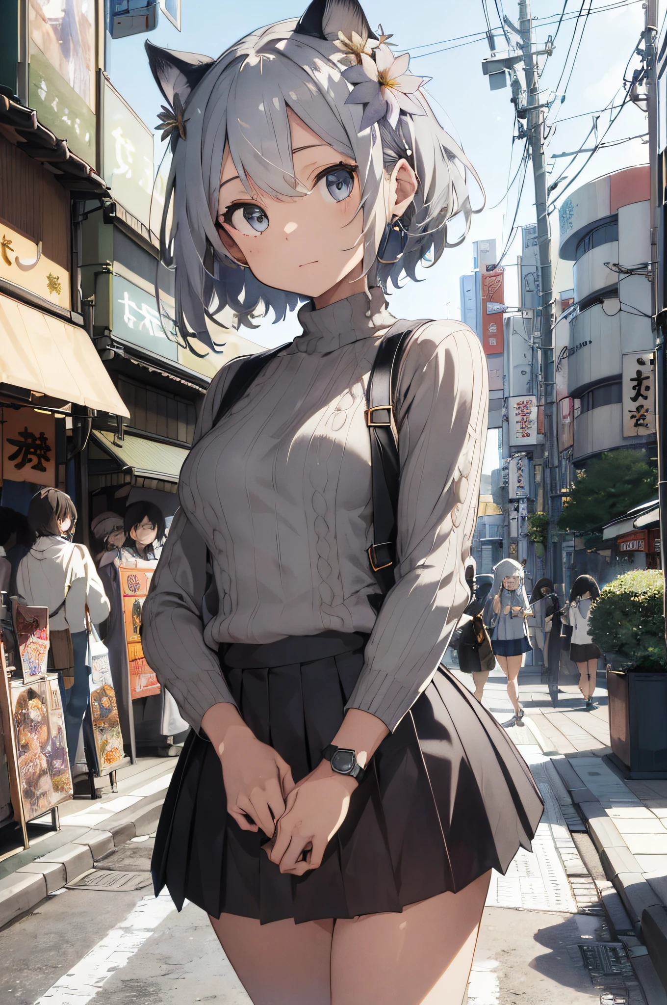 (Masterpiece:1.3), (Best Quality:1.2), (Ultra Fine Illustration:1.2), (Masterpiece), High Quality, High Detail,Mottled Sunlight, Divine Rays, (Solo:1.4),((Round Image)), Masterpiece, Best Quality, Very Detailed, Detailed, Light Novel Cover Art,High Resolution, [(White Background: 1.5)::5], [(Game Character Portrait: 1.5):5], [((Tokyo) :1.3):5], [(Street):1.5):5], Swimsuit, (((Motorboat)), Crowd, Beach, Skyscraper, Willow, Manhole cover, (Cat-eared girl),Silver-haired ,(Solo), Standing, (Full:1.3), Silver-haired, (Ribbed sweater:1.2), Pleated skirt, Grey coat, Shorthair, Watch the beholder, (Hairflower:1.3), Gemstone Decorations