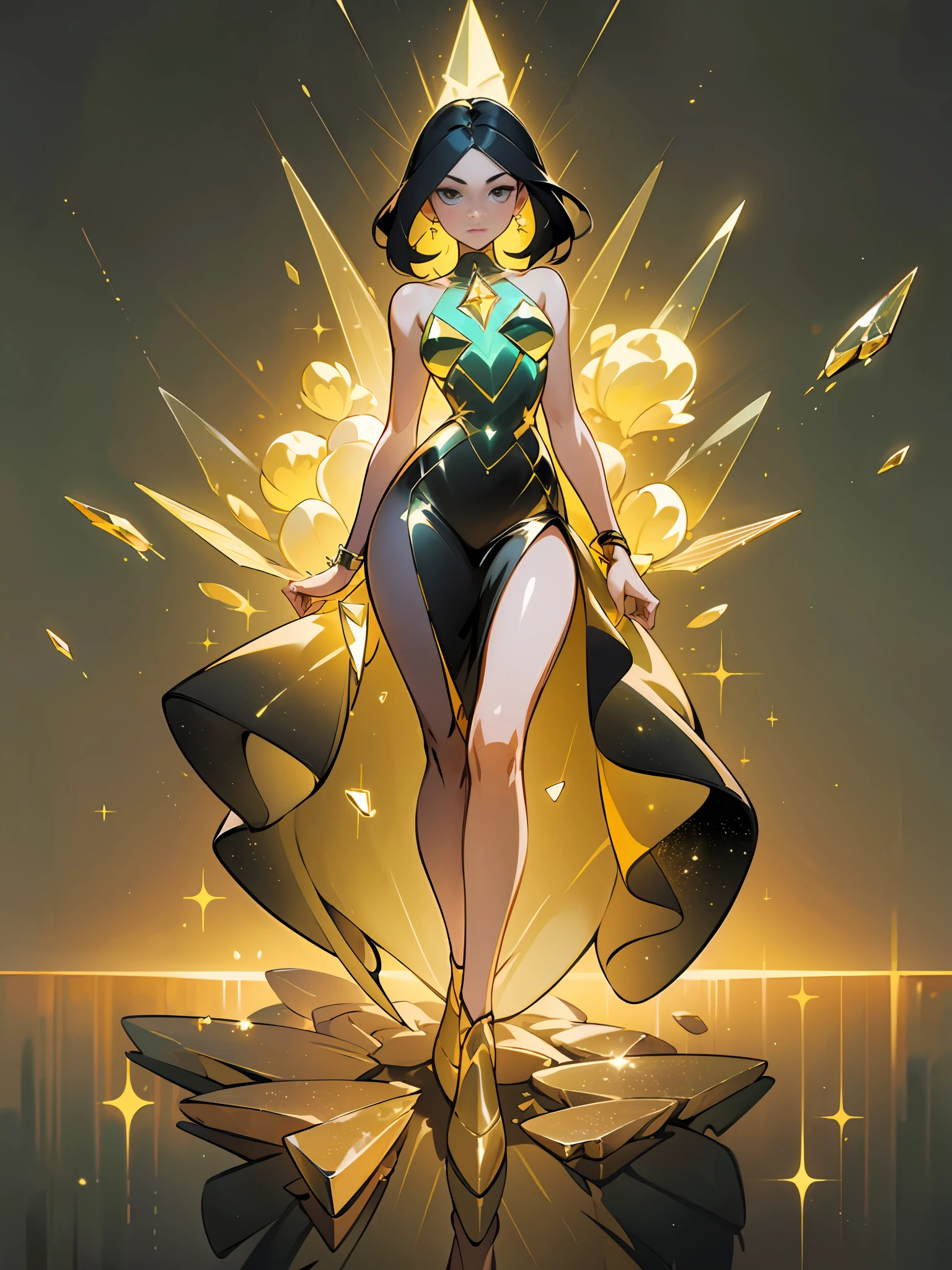 (best quality, masterpiece), 1 girl, yellow diamonds mineral, beautiful full body concept art, simple dark background, looking at viewer, gold long hair, mineral, (straight long legs:1.4), a skirt that covers the thighs, sleek glass thickness, transparent, cinematic lighting, rendering, 4K, --niji 5