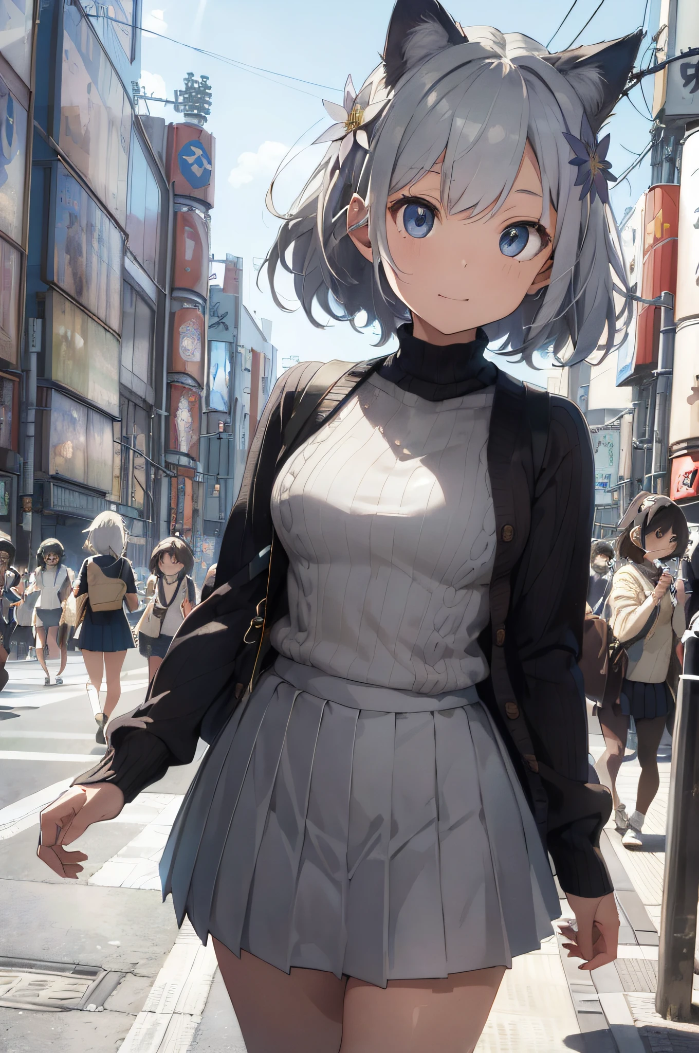 (Masterpiece:1.3), (Best Quality:1.2), (Ultra Fine Illustration:1.2), (Masterpiece), High Quality, High Detail,Mottled Sunlight, Divine Rays, (Solo:1.4),((Round Image)), Masterpiece, Best Quality, Very Detailed, Detailed, Light Novel Cover Art,High Resolution, [(White Background: 1.5)::5], [(Game Character Portrait: 1.5):5], [((Tokyo) :1.3):5], [(Street):1.5):5], Swimsuit, (((Motorboat)), Crowd, Beach, Skyscraper, Willow, Manhole cover, (Cat-eared girl),Silver-haired ,(Solo), Standing, (Full:1.3), Silver-haired, (Ribbed sweater:1.2), Pleated skirt, Grey coat, Shorthair, Watch the beholder, (Hairflower:1.3), Gemstone Decorations