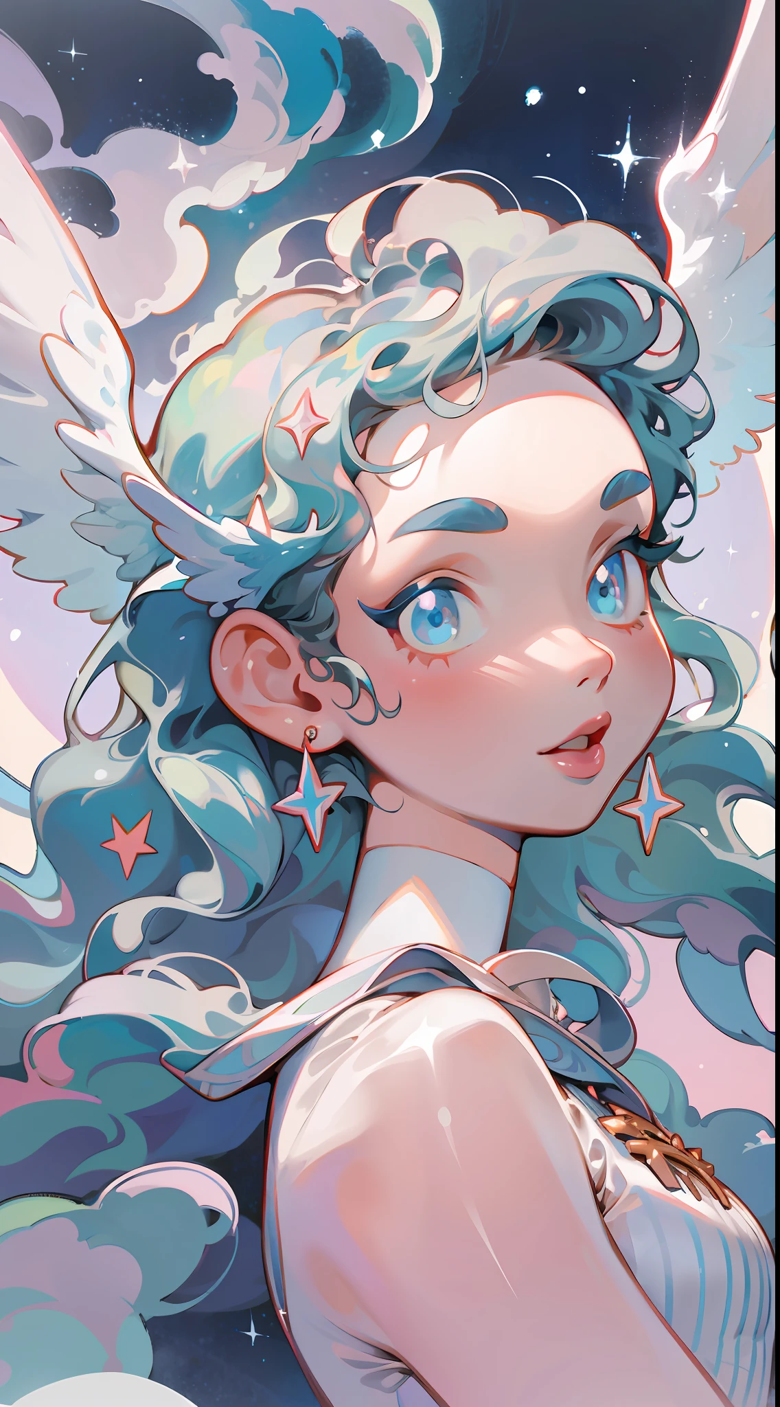 Angel baby, angel wings, twinkling in the stars, silver shiny straight hair, snow-white skin, ice blue eyes, silver eyebrows, cute face, divine light, extremely rich details, high quality, thick acrylic illustration, Dolly Key, John Singh Sargent, Trompe Loy details, masterpiece, expressive facial expressions and body movements, soft lighting, atmospheric lighting, bright morning light, fantastic light and shadow, 8K,