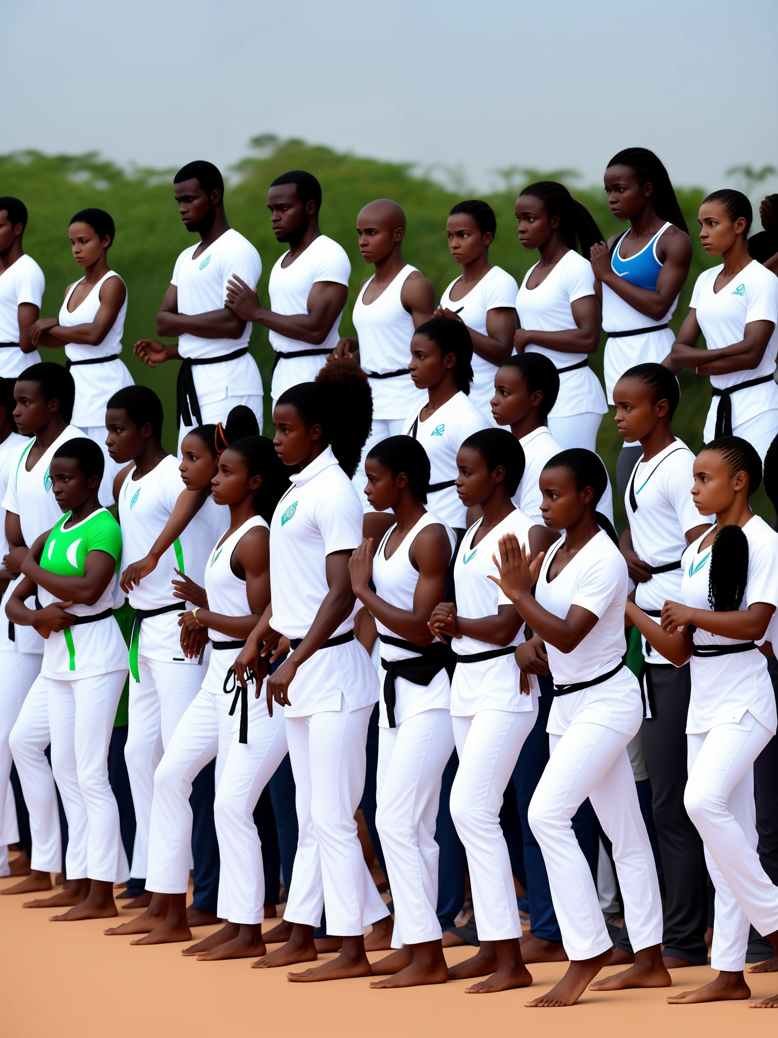 Capoeira Angola, women and men lined up, moving the body