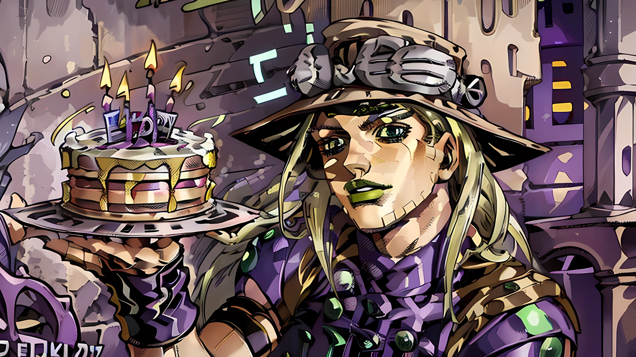 solo,Gyro_Zeppeli, (((holding a birthday cake))),illustration, masterpiece,highly detailed, hdr