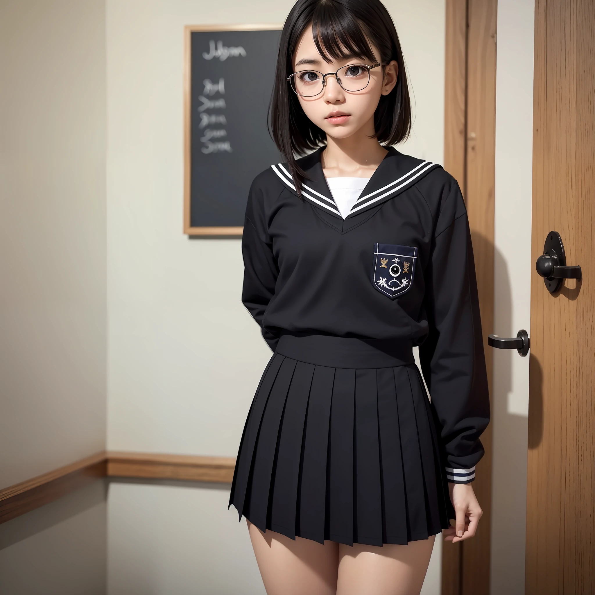 Raw photo, Candid, (Solo)), 1 girl,Full body, textured skin, ((Half eye)), (Eyes narrow)), (Medium hair:1.2), Light skin, Japan person, Glasses, small, young, Tall, Dark expression, bright black eyes, Anger, Sailor uniform, School uniform, slender body, Medium build, Small waist, Wide thighs, Photorealistic, Best Quality, 8K, Masterpiece