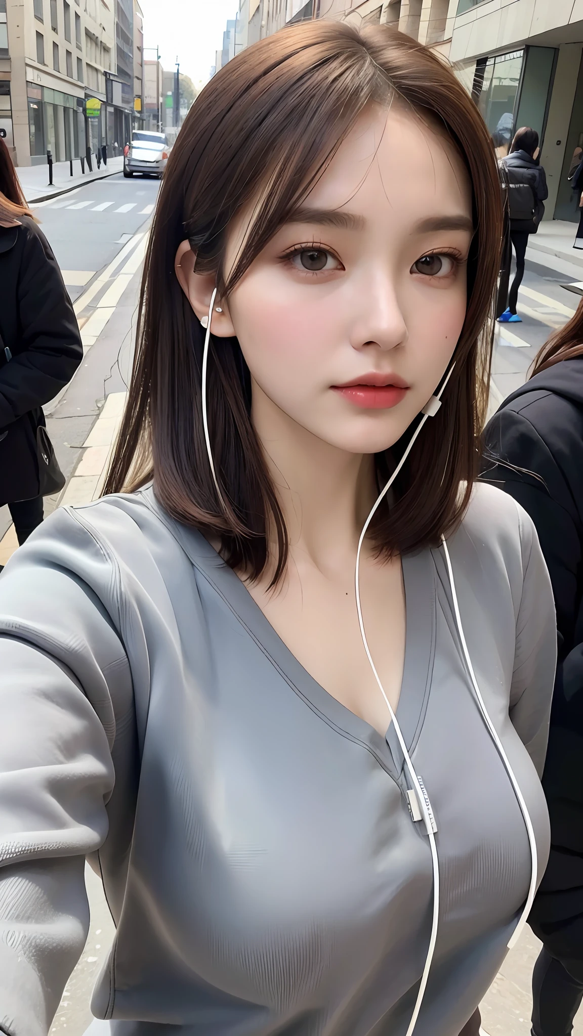 (Best quality, high resolution, masterpiece: 1.3), a beautiful woman, big breasts, slim figure, (short dark brown hair), wearing headphones, sweatshirt, on the street, details in the face and skin texture beautifully presented, detailed eyes, double eyelids, big eyes
