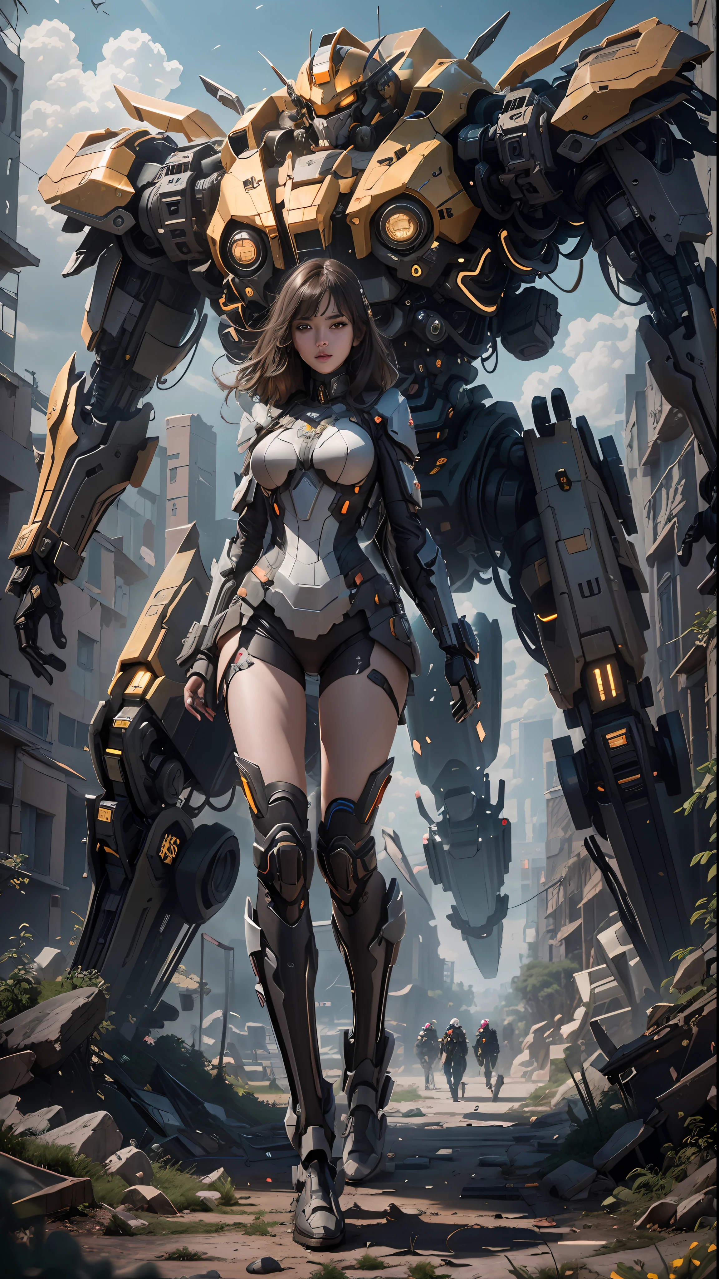 ((Best quality)), ((masterpiece)), (highly detailed:1.3), 3D,Shitu-mecha, beautiful cyberpunk women with her mecha in the ruins of city from a forgoten war, ancient technology,HDR (High Dynamic Range),Ray Tracing,NVIDIA RTX,Super-Resolution,Unreal 5,Subsurface scattering,PBR Texturing,Post-processing,Anisotropic Filtering,Depth-of-field,Maximum clarity and sharpness,Multi-layered textures,Albedo and Specular maps,Surface shading,Accurate simulation of light-material interaction,Perfect proportions,Octane Render,Two-tone lighting,Low ISO,White balance,Rule of thirds,Wide aperature,8K RAW,Efficient Sub-Pixel,sub-pixel convolution,luminescent particles,light scattering,Tyndall effect