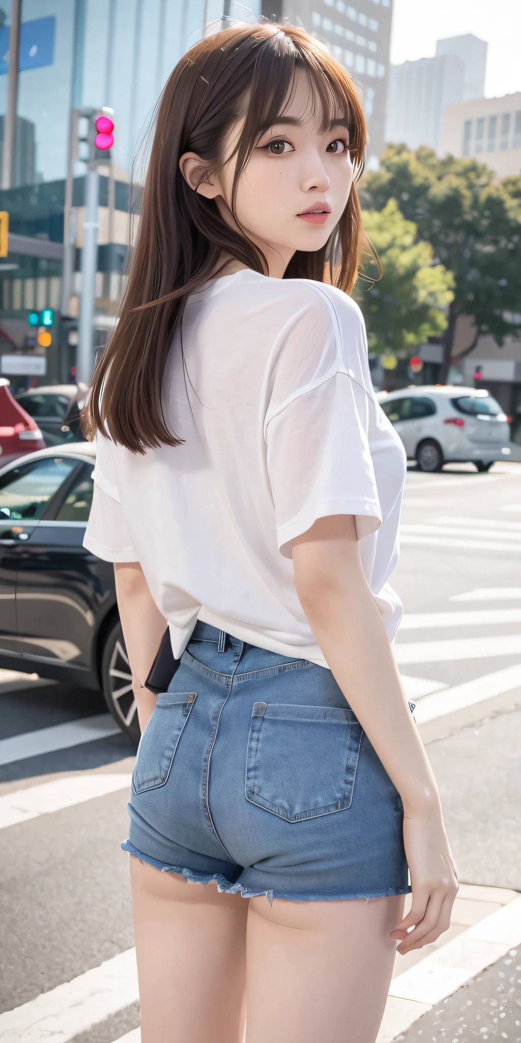 mix4, 20d, Solo, long_hair, Nanase Nishino, Haruka Kaki, Miniskirt, Shirt, Back Figure, high_heels,full_body, look_at_viewer, (8K, RAW photography, best quality, masterpiece:1.2), (Realistic, Photorealistic: 1.37), Professional Lighting, Photon Mapping, Radio City, Physically Based Rendering