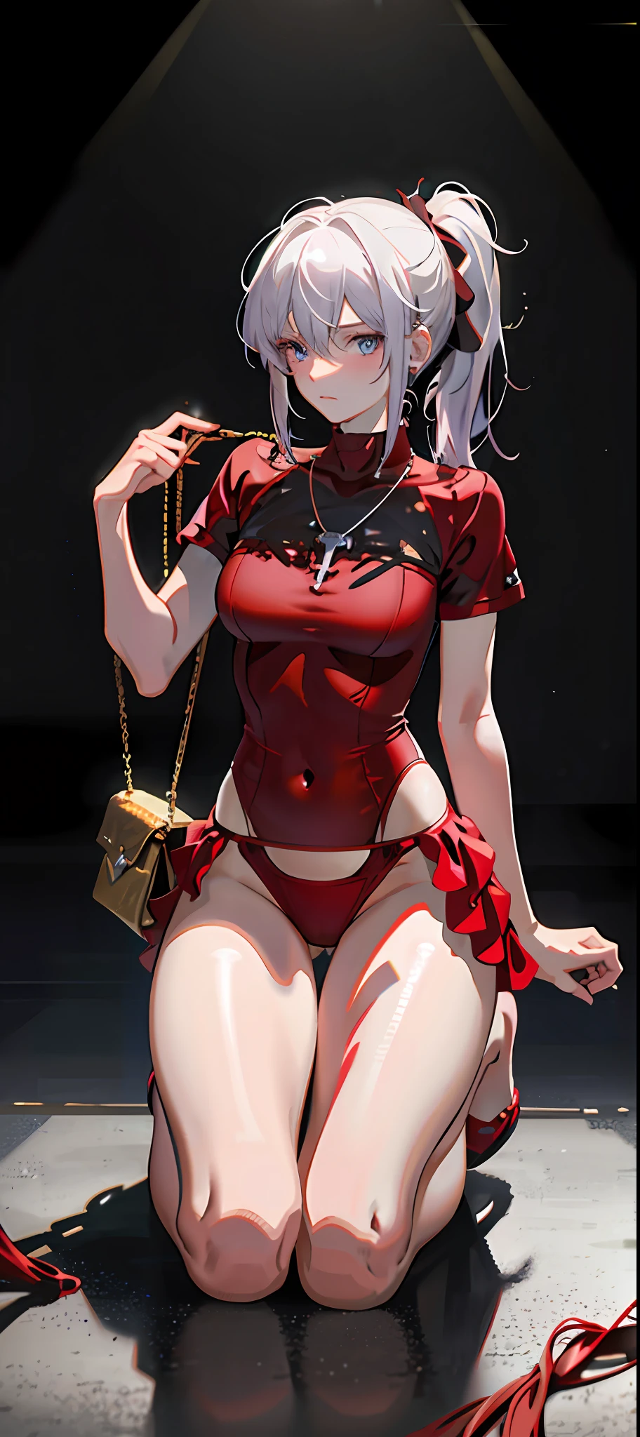 1girl, wearing a tight red swimsuit, open her thighs to reveal red panties, kneeling on the ground, Tightened by panties, revealing a shy expression, blushing, bag, bangs, white hair, high ponytail, blue eyes, jewelry necklace, leaves, facing the audience, female focus, necklace, solo, watch, watch, messy hair, trends on artstation, high resolution, very detailed, anatomically correct, clear images, digital painting, Makoto Shinkai's style,