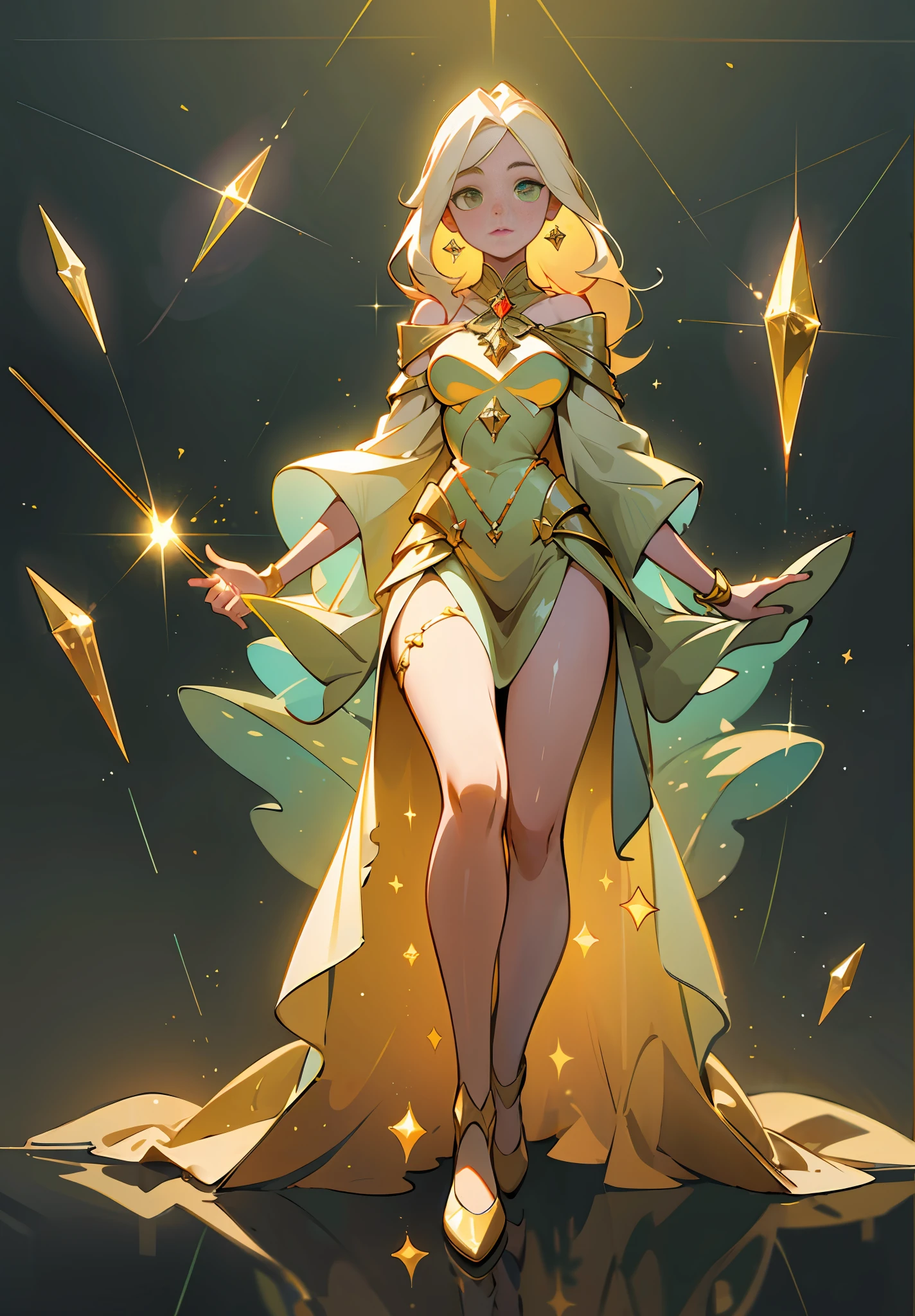 (best quality, masterpiece), 1 girl, yellow diamonds mineral, beautiful full body concept art, simple dark background, looking at viewer, gold long hair, mineral, (best quality, masterpiece), 1 girl, yellow diamonds mineral, beautiful full body concept art, straight long legs, simple dark background, looking at viewer, gold long hair, mineral, ethereal, fantasy, laser transparent, long skirt, sleek glass thickness, transparent, cinematic lighting, rendering, 4K, --niji 5