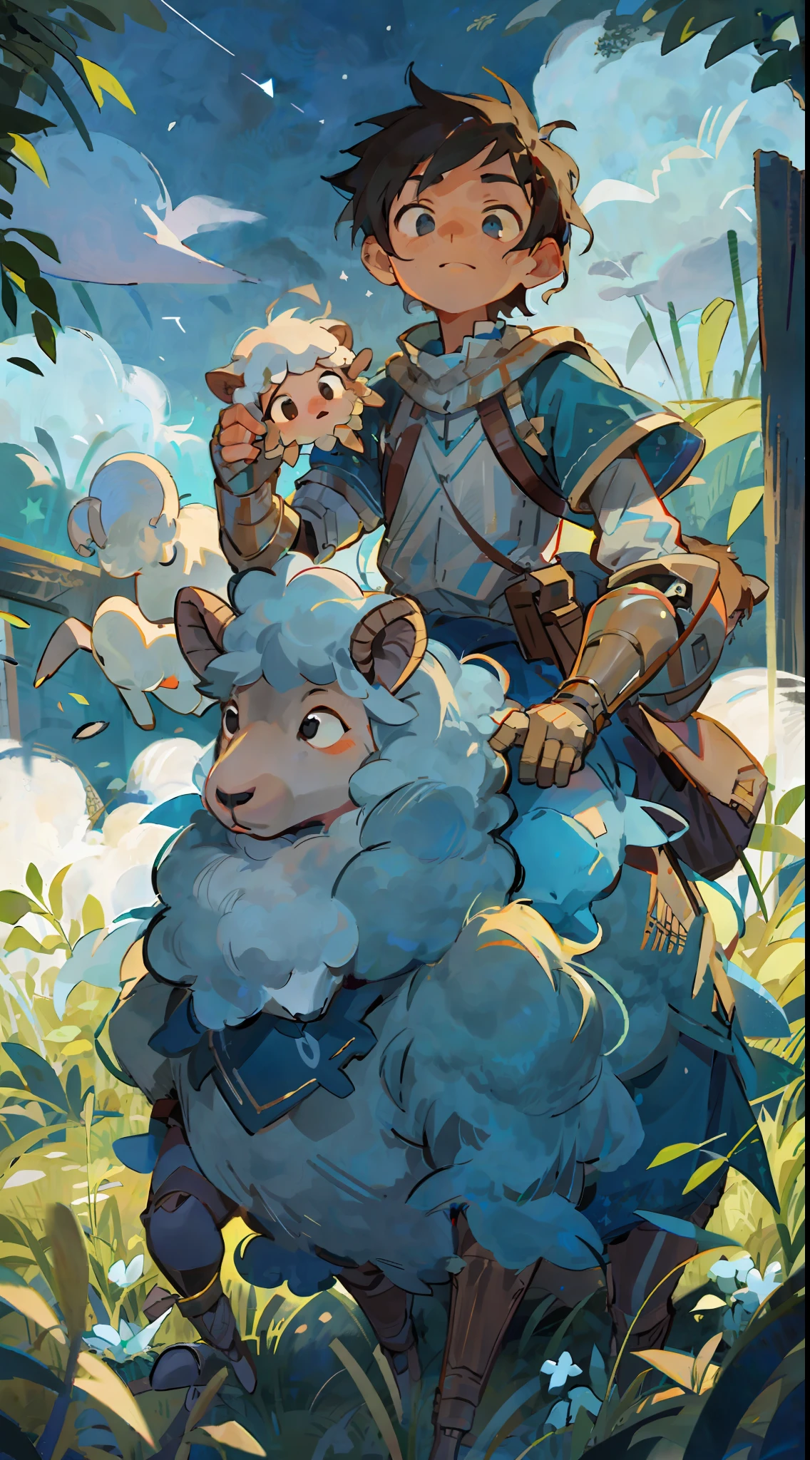 Prairie, a boy riding on the back of a sheep, knight, night, starry