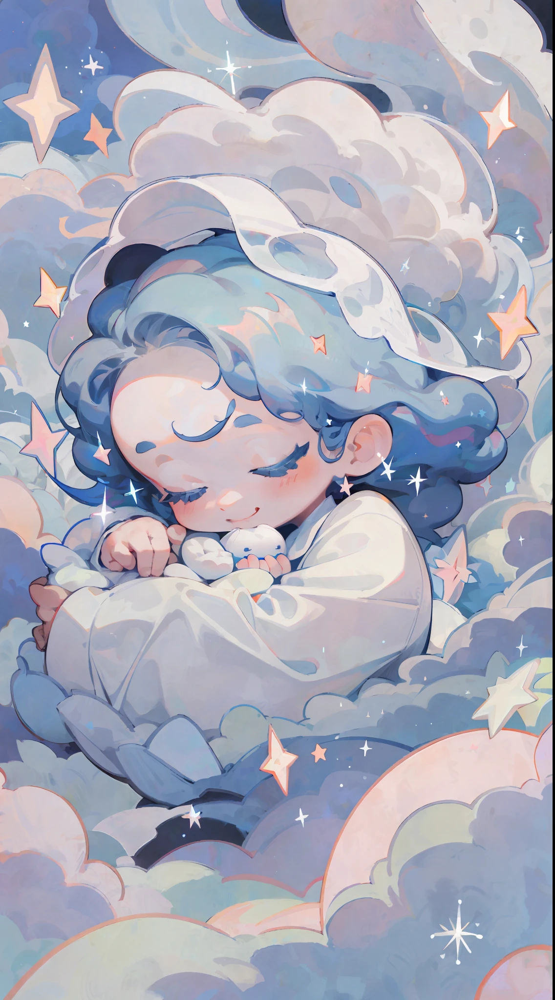 A little baby, cute face, angel baby, sleeping in the clouds, smile, stars, warm, perfect composition