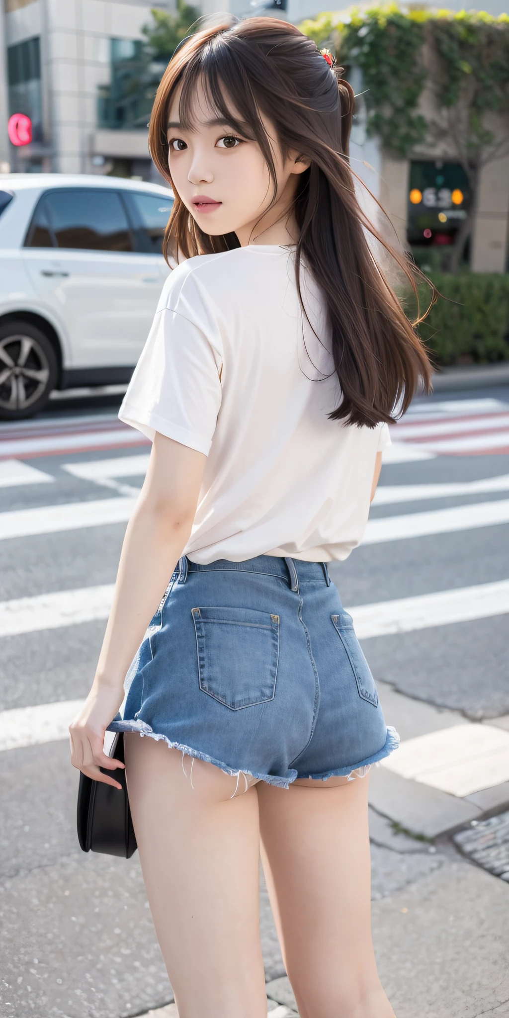 mix4, 20d, Solo, long_hair, Nanase Nishino, Haruka Kaki, Miniskirt, Shirt, Back Figure, high_heels,full_body, look_at_viewer, (8K, RAW photography, best quality, masterpiece:1.2), (Realistic, Photorealistic: 1.37), Professional Lighting, Photon Mapping, Radio City, Physically Based Rendering