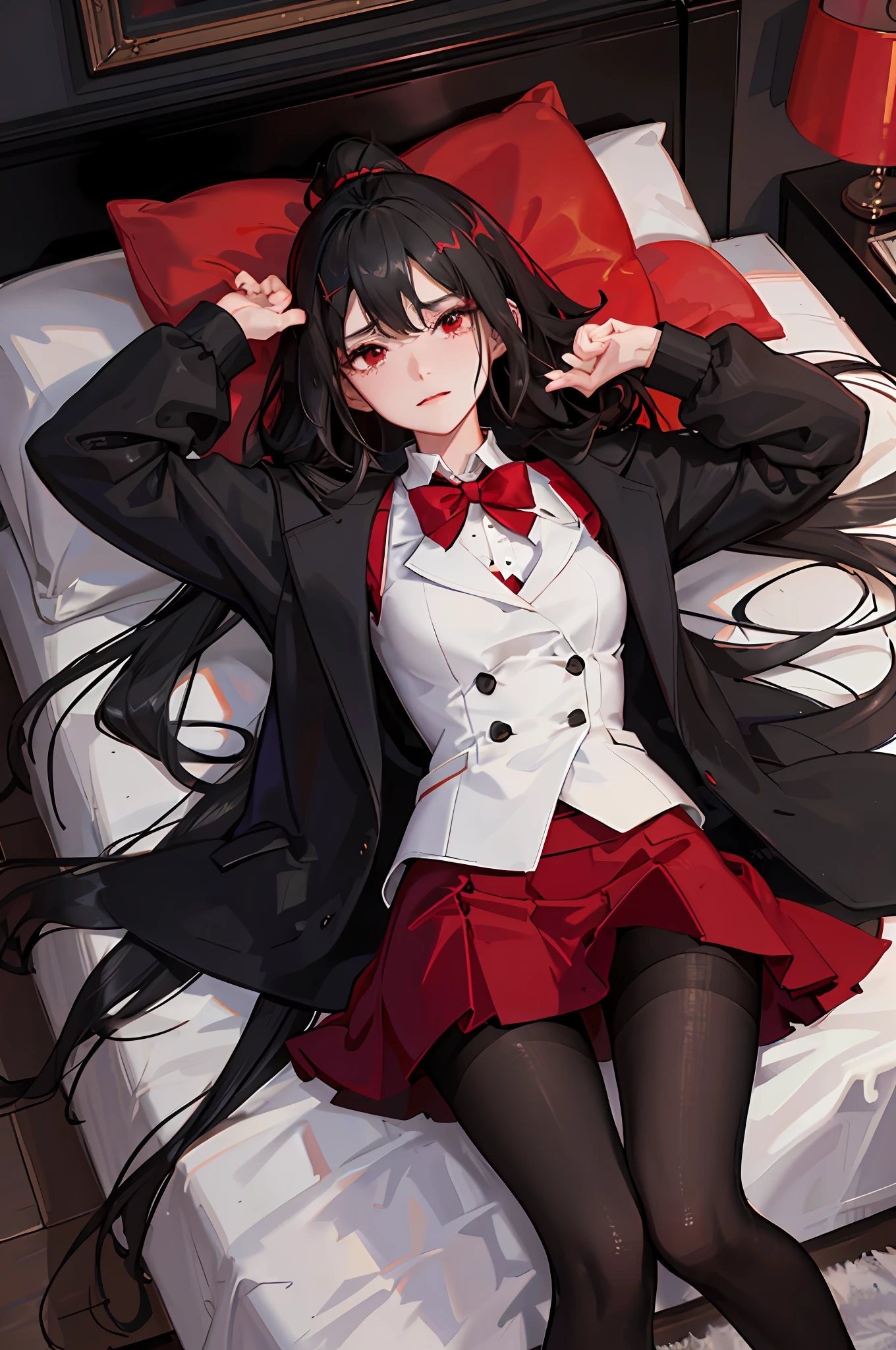 (((1 girl)),ray tracing,(dim lighting),[detailed background (bedroom)),((black hair)),(black hair)),(black hair, busty and slender girl)) with ponytail)))) Avoid red eyes in the ominous bedroom (((girl wearing a red skirt with black silk pantyhose) and red and black color scheme black and red color scheme), showing a delicate and slender figure and graceful curves, correct limbs, lying on the bed, sexual tension, flushed face, sexual tension, Flushed complexion)) physiological tears