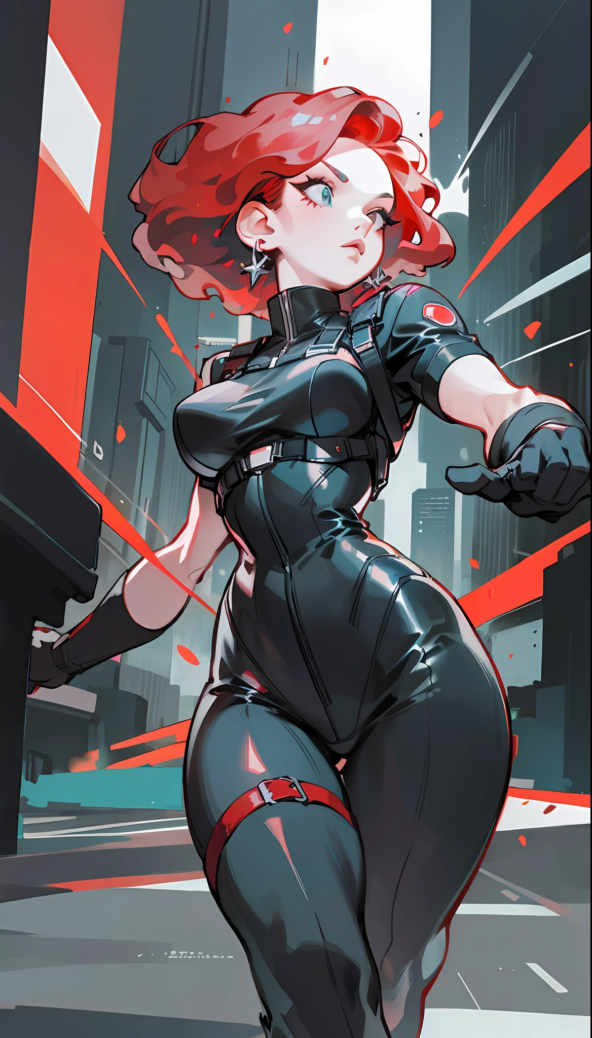 Black widow, short hair, pure black leather tights, pure red hair, aggressive action, impactful action, full body, perspective composition, exaggerated composition, perfect composition, close-up of face, perfect eyes, dynamic composition, city in the background, neon light, night
