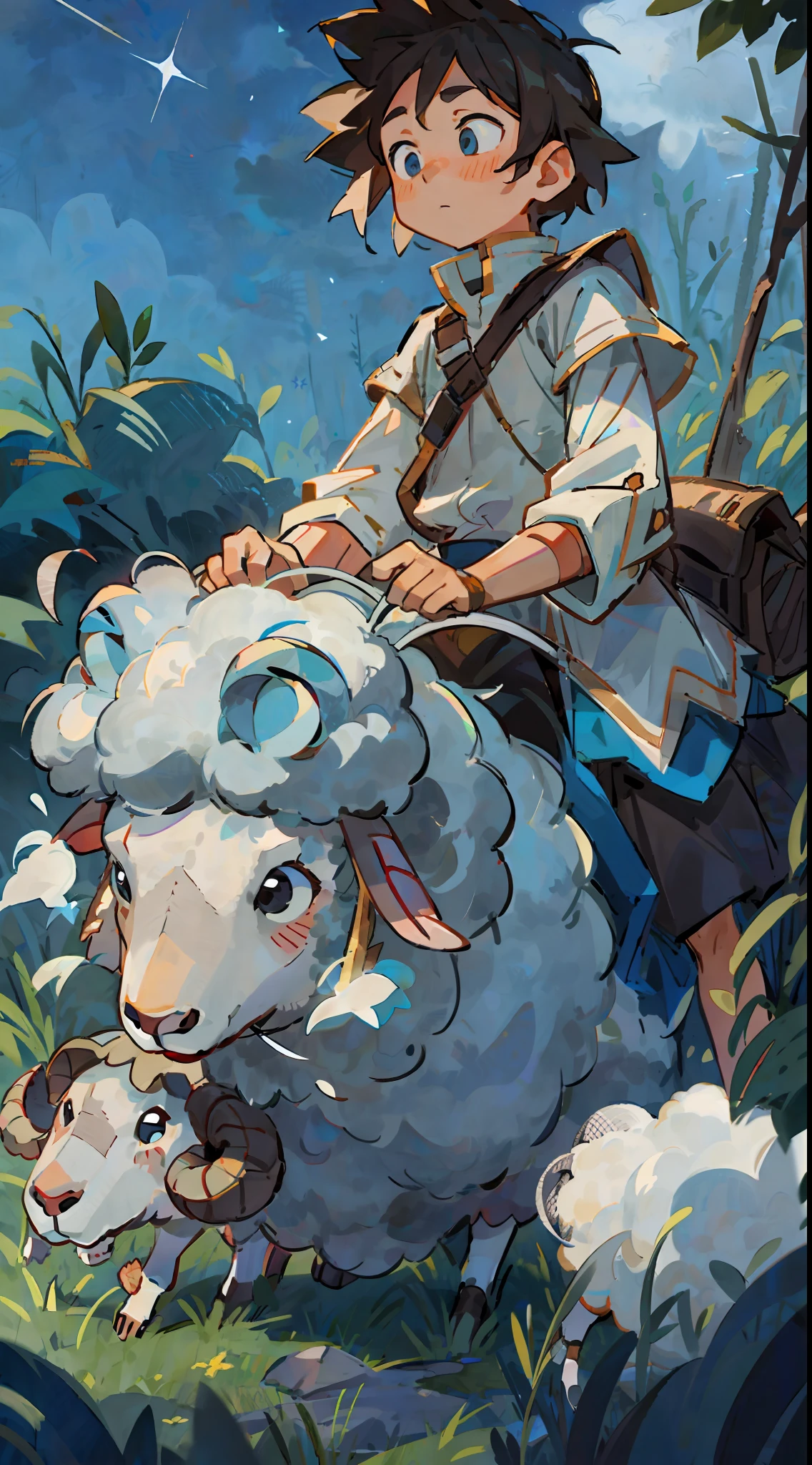 Prairie, a boy riding on the back of a sheep, knight, night, starry