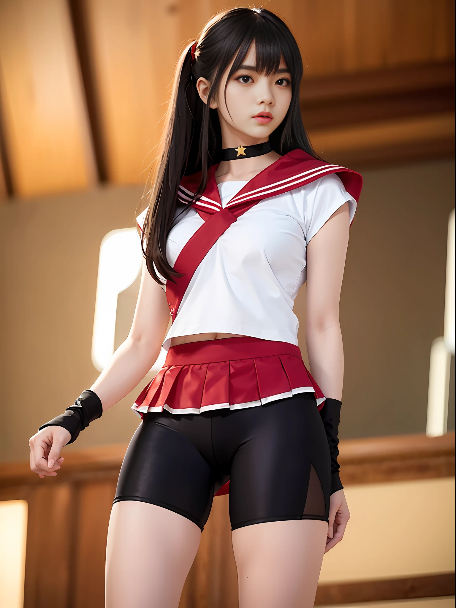 ((Black spandex shorts that Thigh Length:1.37)), Red Ninja Uniform, Ninja, Skirt, Shorts under skirt, lively girl, (Realistic, Photorealistic: 1.37), Photon Mapping, Radiosity, One Girl, Mature, Cool, Professional Lighting, Physically Based Rendering, View from the side, kneeling posture, hair fluttering in the wind, blurring background, handsome, masterpiece, highest quality, high resolution, highest quality photo, high resolution, high resolution, 1080p, (delicate skin), (clear face), (detailed facial description), (detailed hand description), (masterpiece), (elaborate cg), (detailed facial features), (highest quality photo), (masterpiece), (detailed eyes),simple costume, Sailor Senshi uniform, white gloves, red sailor collar, red skirt, star choker, elbow gloves, pleated skirt,