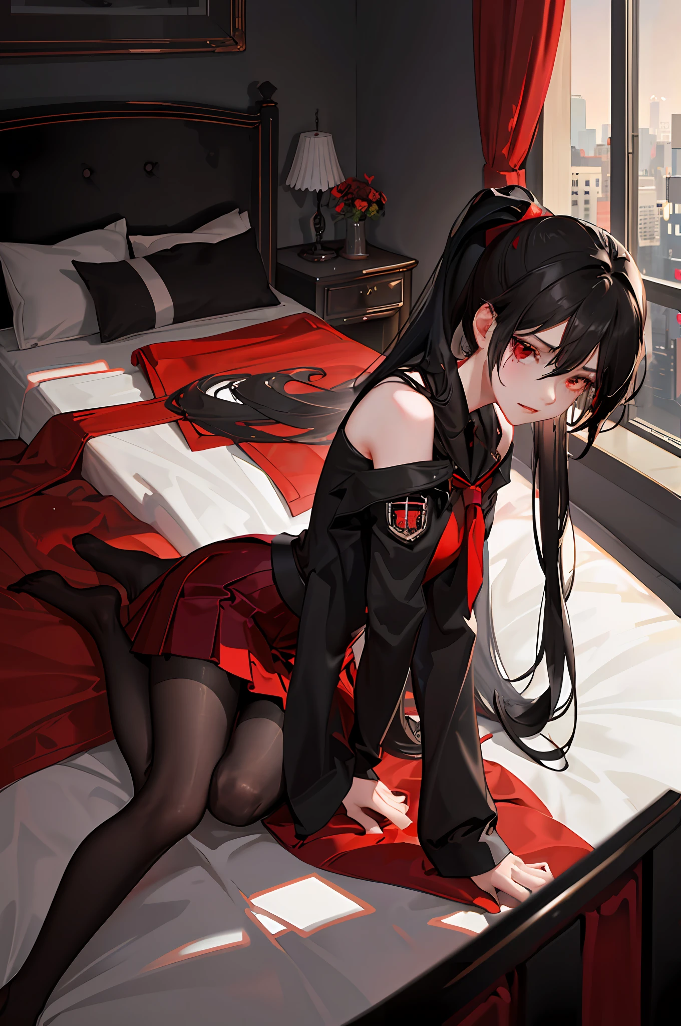 (((1 girl)),ray tracing,(dim lighting),[detailed background (bedroom)),((black hair)),(black hair)),(black hair, busty and slender girl)) with ponytail)))) Avoid red eyes in the ominous bedroom (((girl wearing a red skirt with black silk pantyhose) and red and black color scheme black and red color scheme), showing a delicate and slender figure and graceful curves, correct limbs, lying on the bed, sexual tension, flushed face, sexual tension, Flushed complexion)) physiological tears