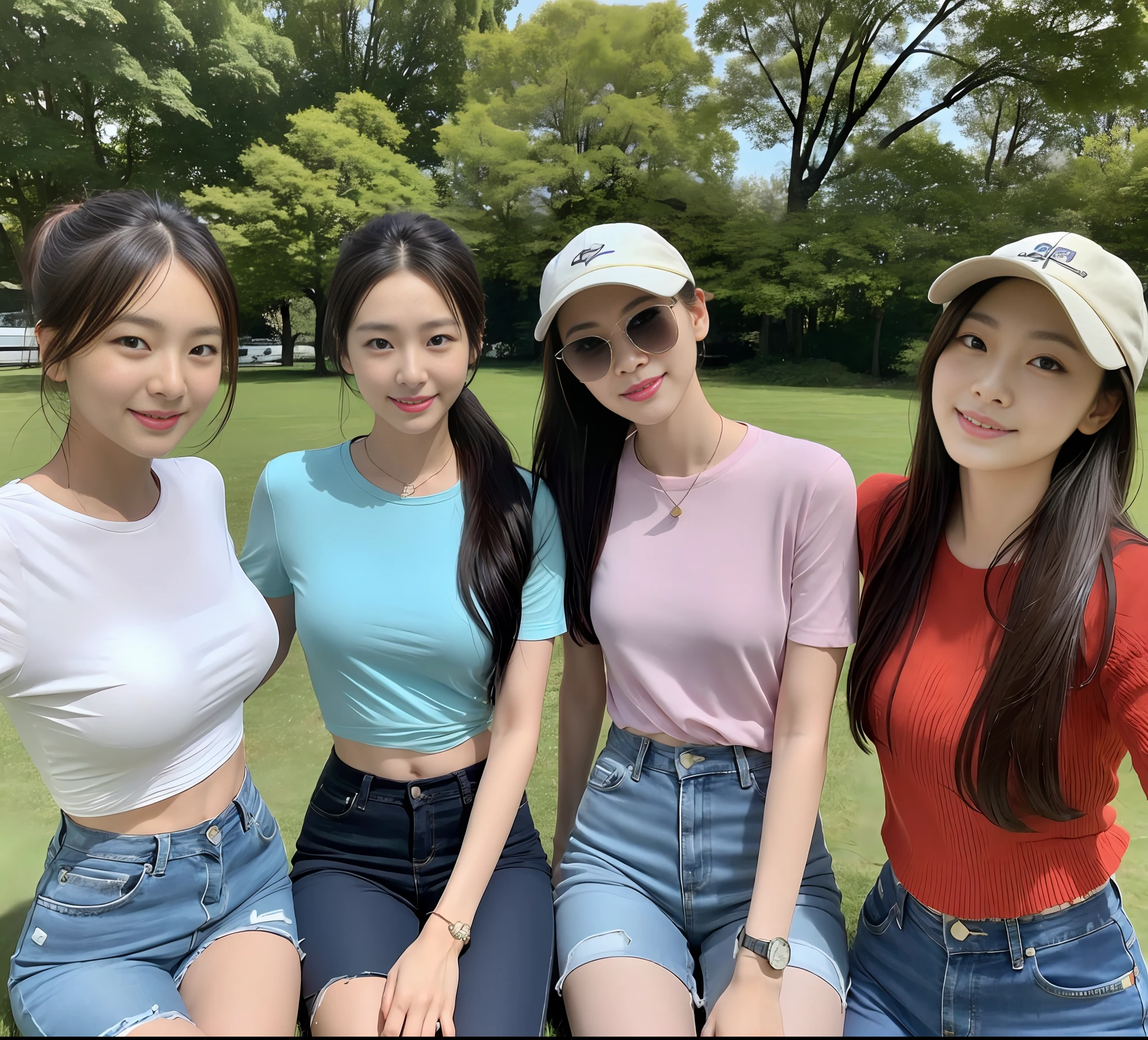 3 Korean women picnic on the grassland, 1.65 meters tall, (masterpiece, beautiful people, smile), virtual YouTube, but their eyes are firm and hopeful, behind them is the blue sky, some tied ponytail, some wearing sunglasses, fringed head, shorts, trousers, detailed skin texture, detailed cloth texture, exquisite and detailed face, intact hands, masterpiece, slender waist, slim body, camera shot 6 meters away, hands on the back, hat