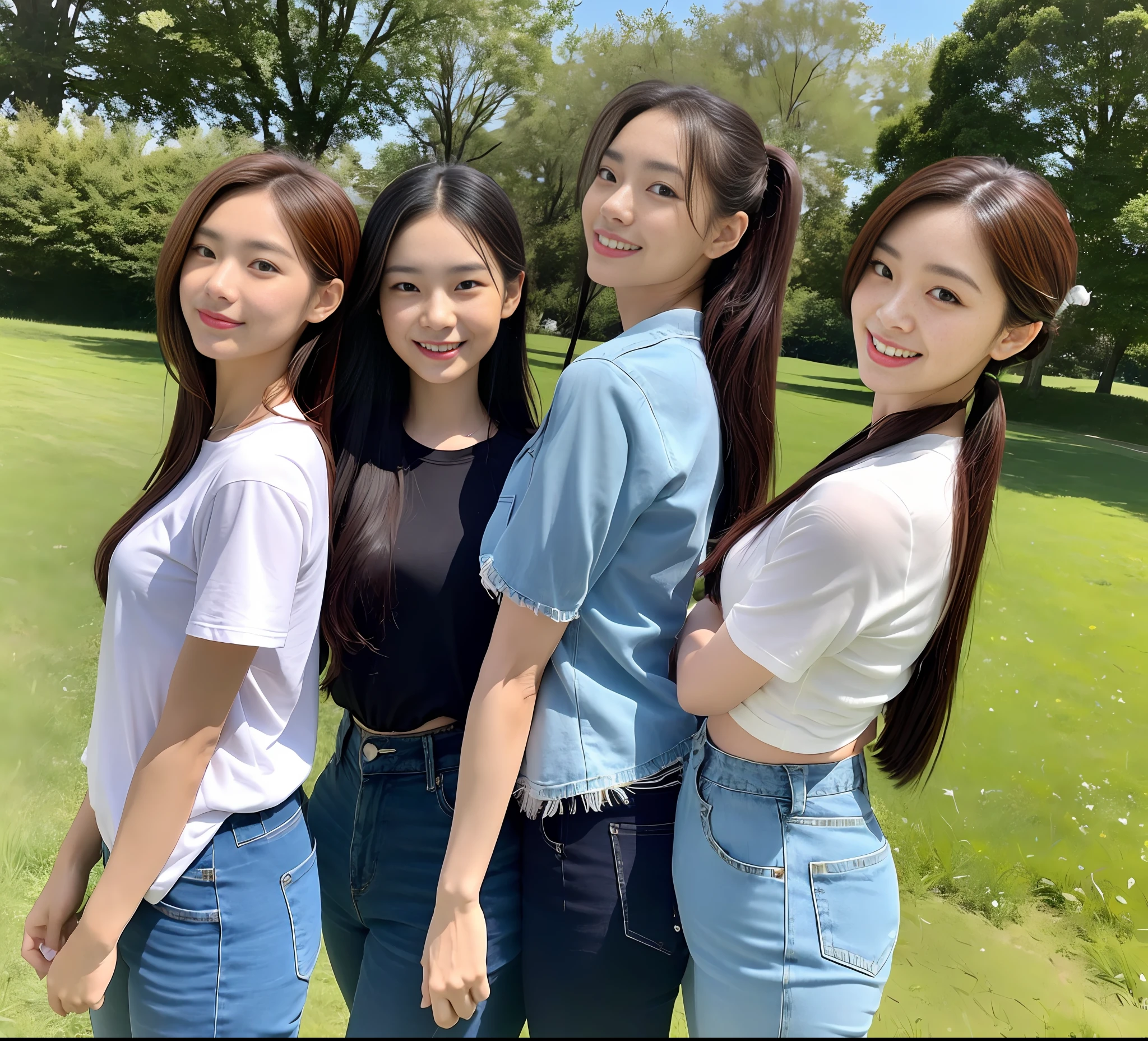 3 Korean women eating a big meal on the grassland, 1.65 meters tall, (masterpiece, beautiful people, smile), Virtual YouTube, but their eyes are firm and hopeful, behind them is the blue sky, some with ponytails, some wearing sunglasses, fringed heads, shorts, long pants, detailed skin texture, detailed cloth texture, exquisite and detailed face, intact hands, masterpiece, slender waist, slim body, camera shot 6 meters away, hands on the back, hat