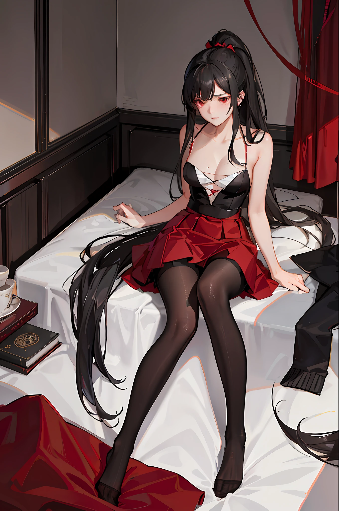 (((1 girl)),ray tracing,(dim lighting),[detailed background (bedroom)),((black hair)),((black hair)),(black hair, busty and slender girl)) with ponytail)))) Avoid red eyes in the ominous bedroom (((girl wearing a red skirt with black silk pantyhose) and red and black color scheme black and red color scheme), showing a delicate and slender body and graceful curves, correct limbs, lying on the bed, sexual tension, Flushed face)) physiological tears