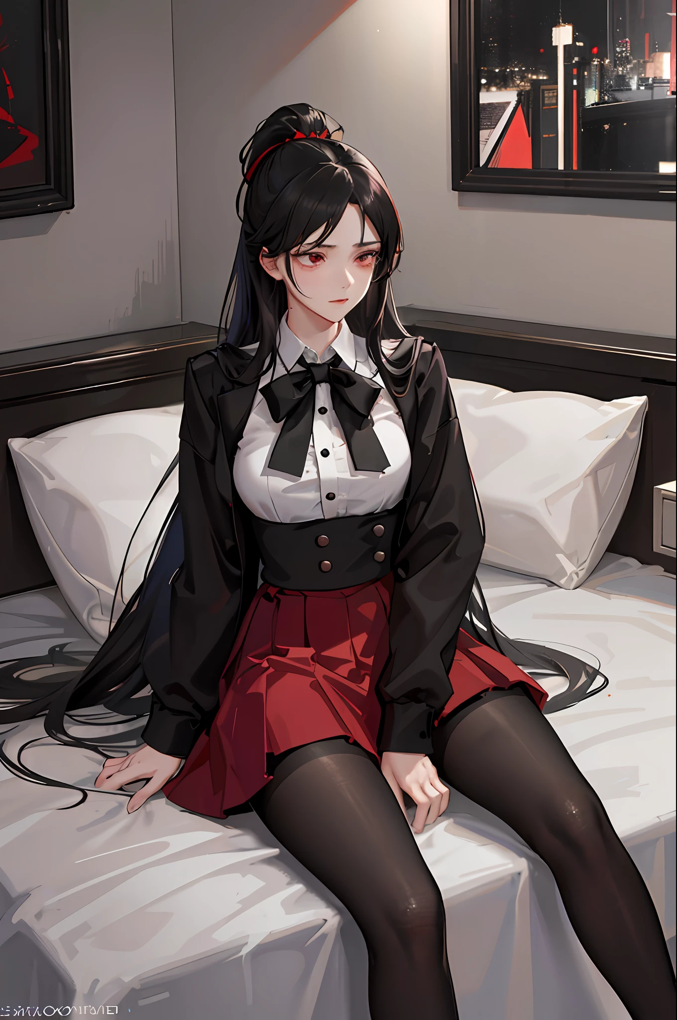 (((1 girl)),ray tracing,(dim lighting),[detailed background (bedroom)),((black hair)),((black hair)),(black hair, busty and slender girl)) with ponytail)))) Avoid red eyes in the ominous bedroom (((girl wearing a red skirt with black silk pantyhose) and red and black color scheme black and red color scheme), showing a delicate and slender body and graceful curves, correct limbs, lying on the bed, sexual tension, Flushed face)) physiological tears