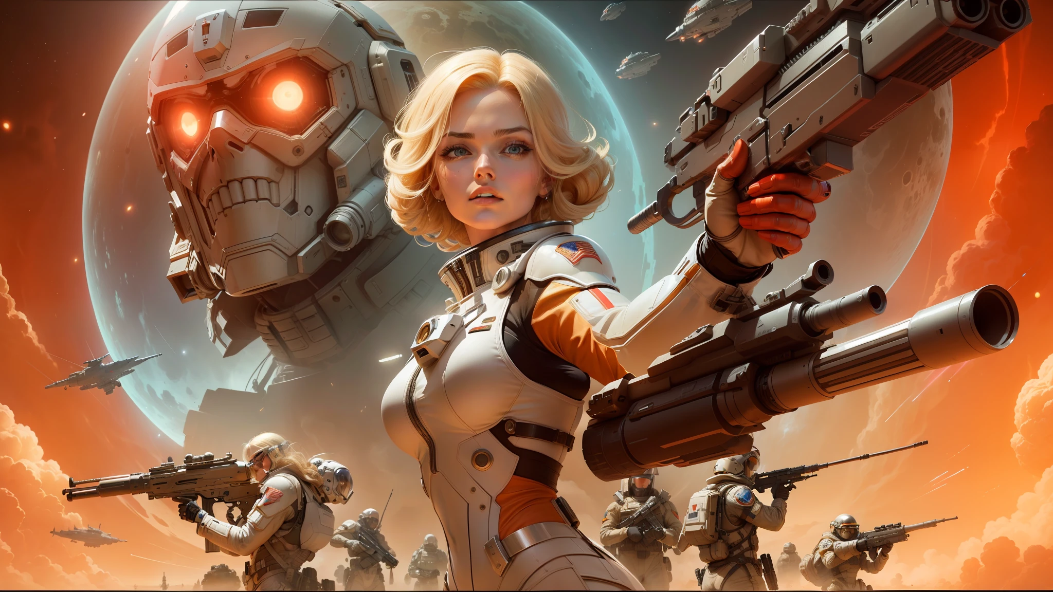 blond woman in a futuristic space suit holding a gun and a gun, chrome red, john stephens, american soldiers invaded mars, cybernetic culture research unit, by Juan Giménez, stormy and grand war scene, on planet jupiter, nuclear art, matriarchy, musk ( 2 0 2 4 ) --ar 16:9 --v 5.1