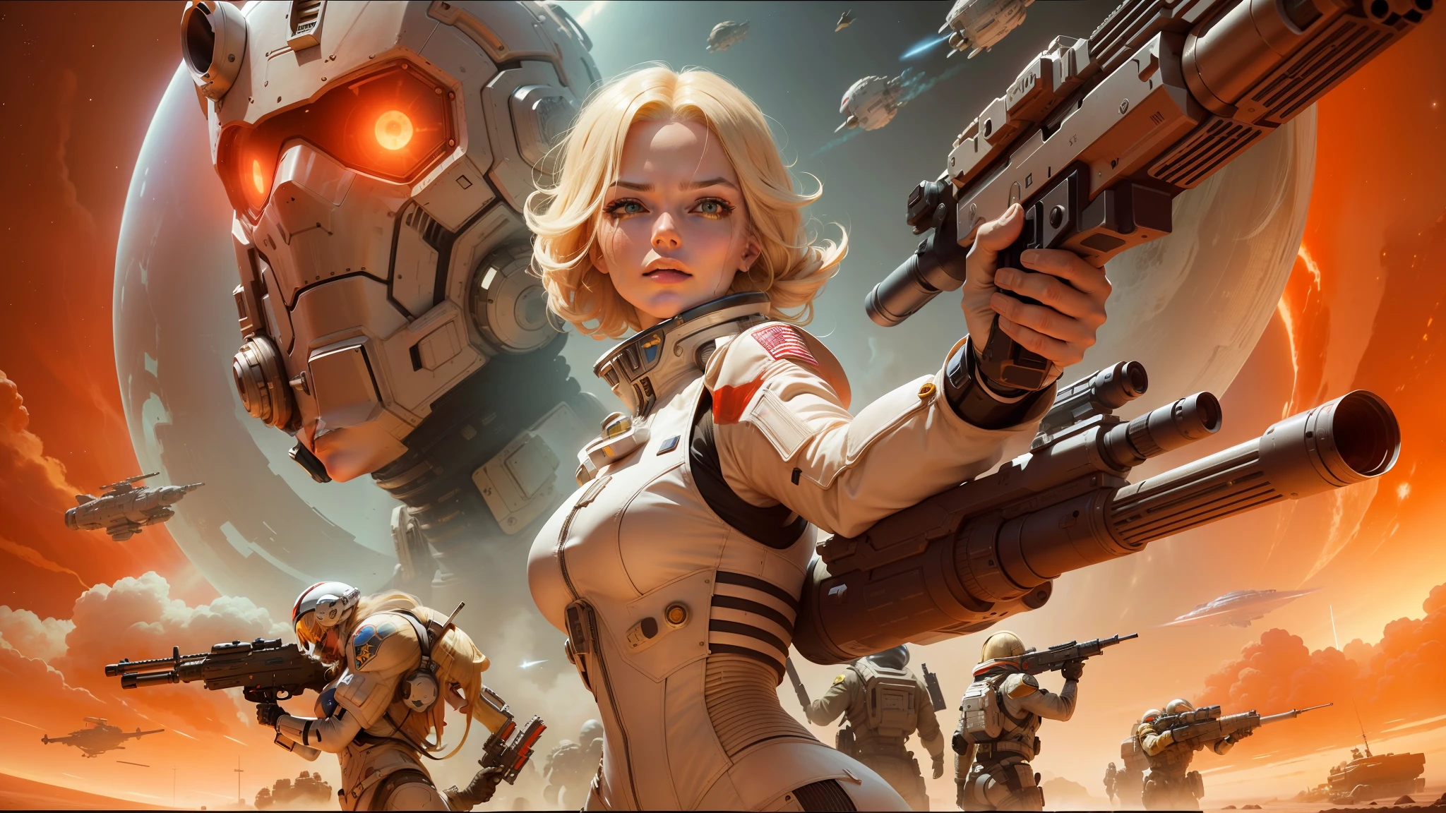 blond woman in a futuristic space suit holding a gun and a gun, chrome red, john stephens, american soldiers invaded mars, cybernetic culture research unit, by Juan Giménez, stormy and grand war scene, on planet jupiter, nuclear art, matriarchy, musk ( 2 0 2 4 ) --ar 16:9 --v 5.1