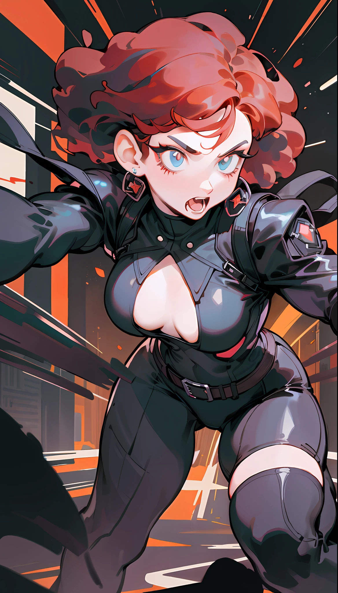 Black widow, short hair, pure black leather tights, pure red hair, close-up of face, attack action, impact action, full body, perspective composition, exaggerated composition, perfect composition, perfect eyes, dynamic composition, background is city, neon light, night