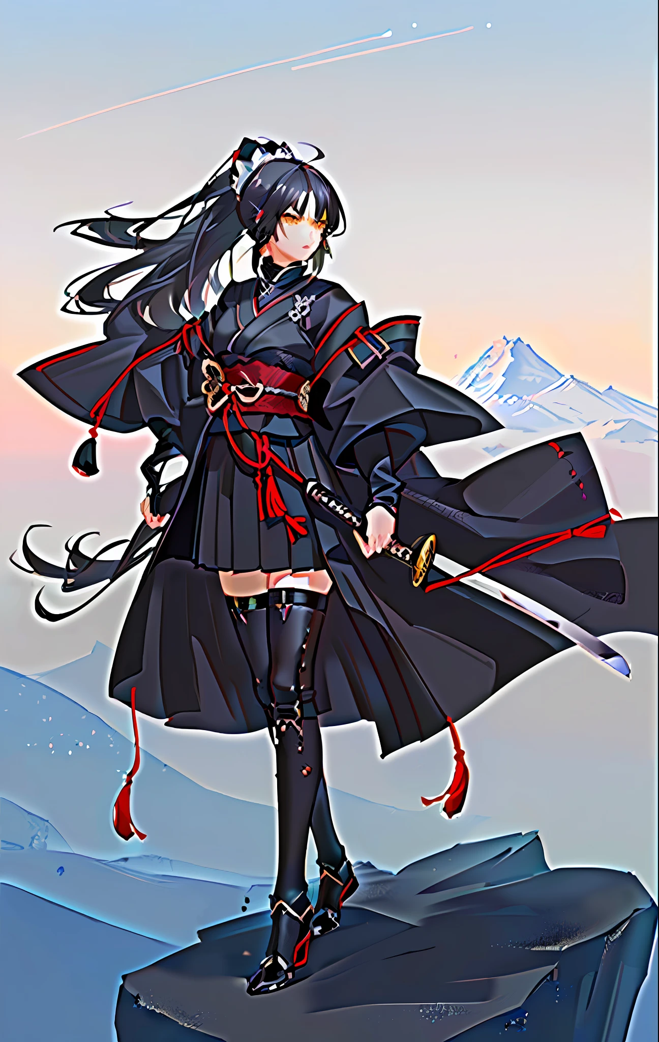 (anime-style, highly detailed and lifelike, best quality), a lone (girl:1.2) stands before (a scenic mountain landscape), her (black hair:1.3) pulled back tightly into a (streamlined ponytail:1.05). Her (expressive yellow eyes) shine against the stark contrast of her (black and red samurai armor), each piece (magnificently detailed:1.15). She confidently holds a (polished katana) at her side, poised and ready for whatever may come her way.