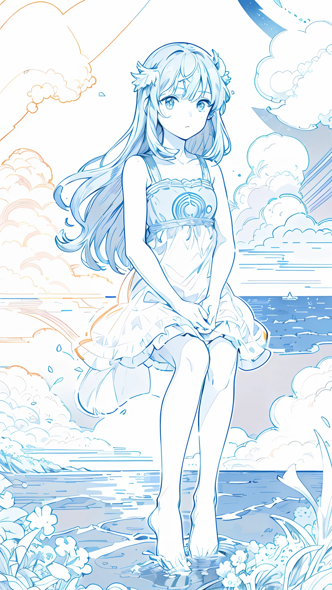 anime girl standing on a rock in the ocean with a bird flying in the background, cloud goddess, colored screentone, conrad roset and makoto shinkai, beautiful line art, moebius + loish, manga illustration, girl clouds, beautiful girl on the horizon, in style of manga, sui ishida art manga,  in dress