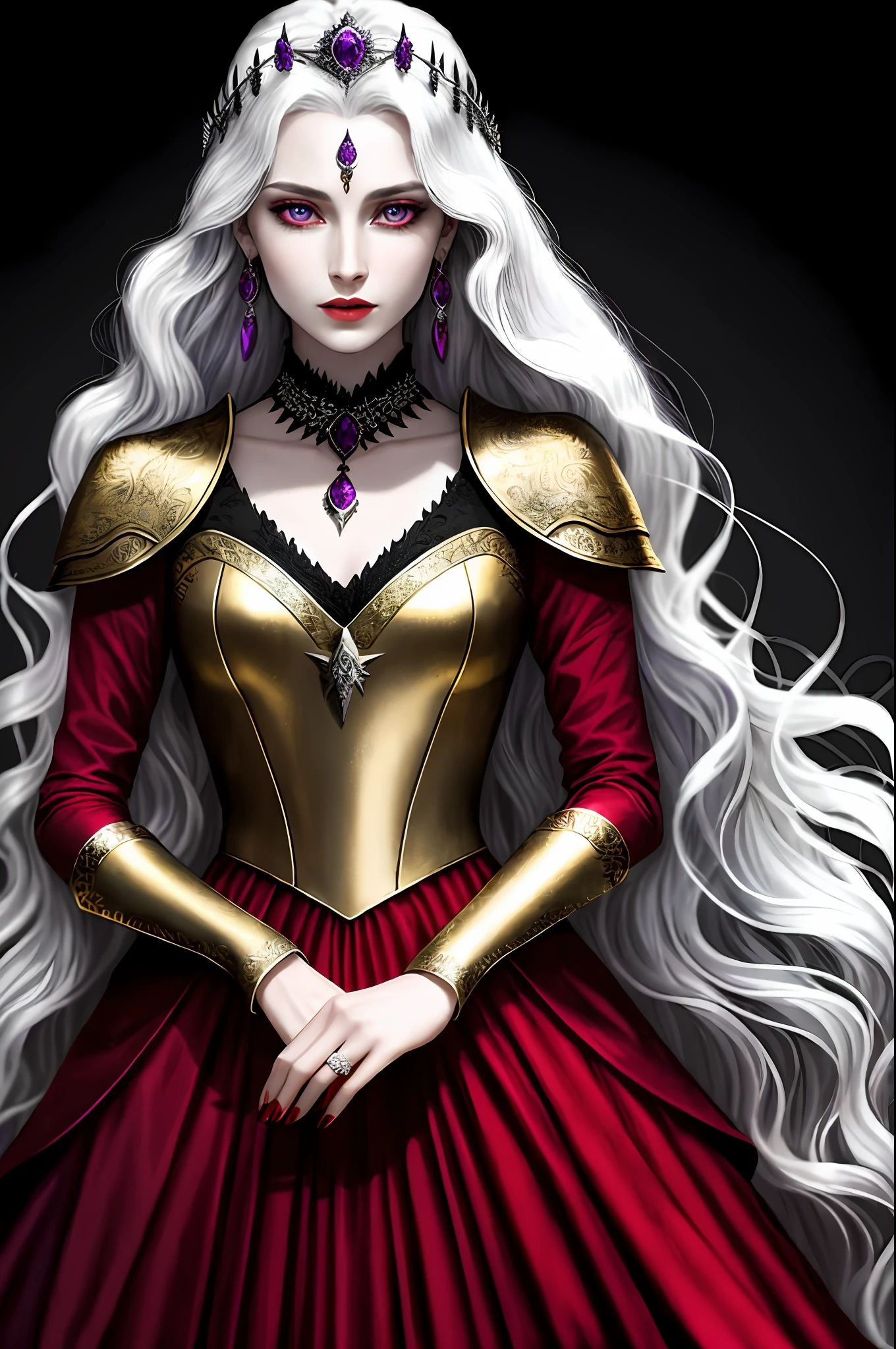 Rhaenys Targaryen. With her silver, long, wavy hair. Eyes in violet colors, a dress in red, gray, black, and violet. With a gold necklace around her neck consisting of a red colored jewel in the middle as well as the earrings. Fair pale skin plus a tiara with a red jewel above the hair.