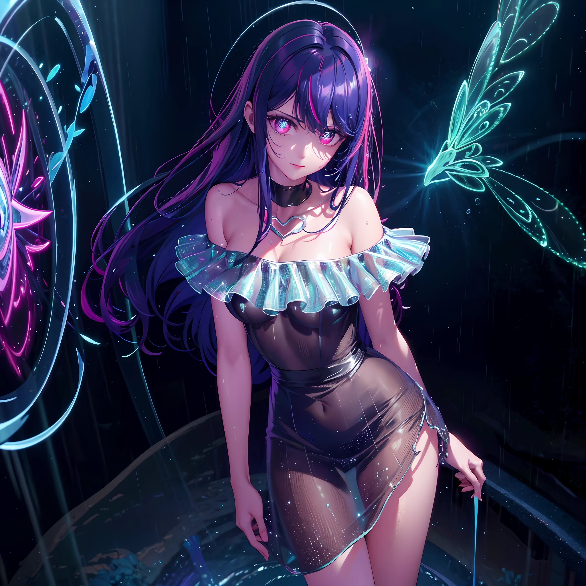 illustration, cinematic light, highres, highest quallity, ultra detailed, detailed face, (detailed eyes), best quality, hyper detailed, masterpiece, (detailed face), clean face, sexy mature woman wears transparent (torn) cloths, floating cloth, see through, choker, open cloths, nsfw, high heels, red eyes, neon tiny glowing hair ends, dark fantasy forest, glowing plants with neon details, dark magic sword, (portal:1.15) to the underworld in the background, light reflection, heart shaped iris, playful eyes, open shoulder, rain, (wet body), tiny glowing butterfly, hair jewery