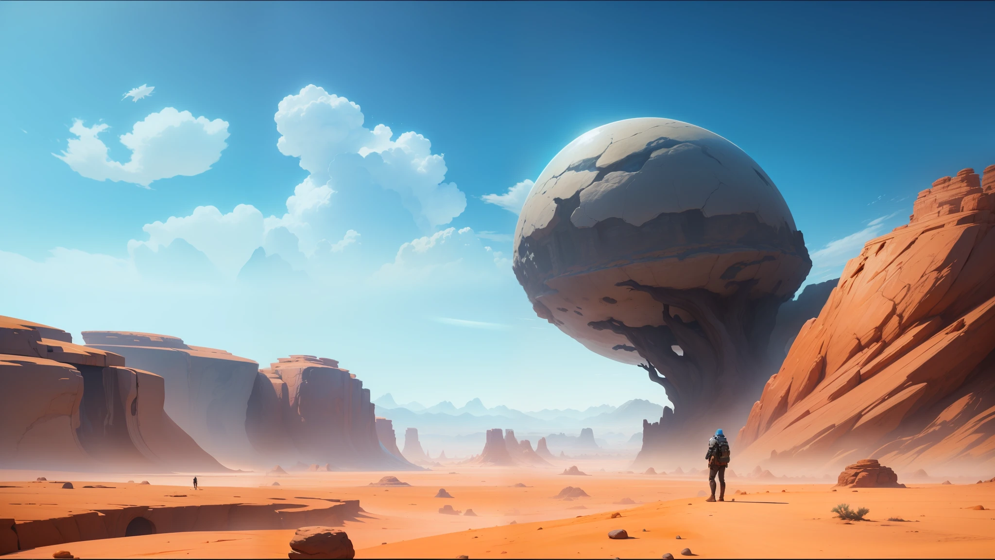 there is a man standing in the desert with a huge rock, stunning sci-fi concept art, panoramic anamorphic, unreal engine: .2, inspired by Barclay Shaw, trending on artstaton, the artist has used bright, tree of life seed of doubt, volumetric clouds, by Sam Dillemans, outer worlds, n 7