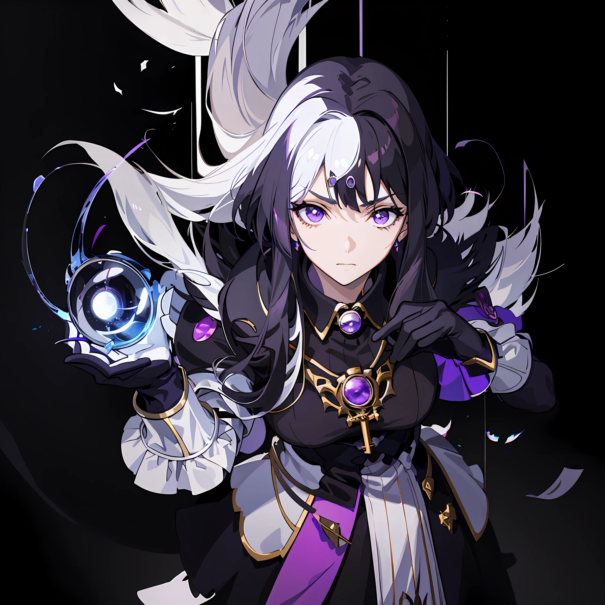 anime girl with black and white hair style and purple dress holding a magnifying glass, portrait knights of zodiac girl, detailed key anime art, anime goddess, portrait of magical girl, knights of zodiac