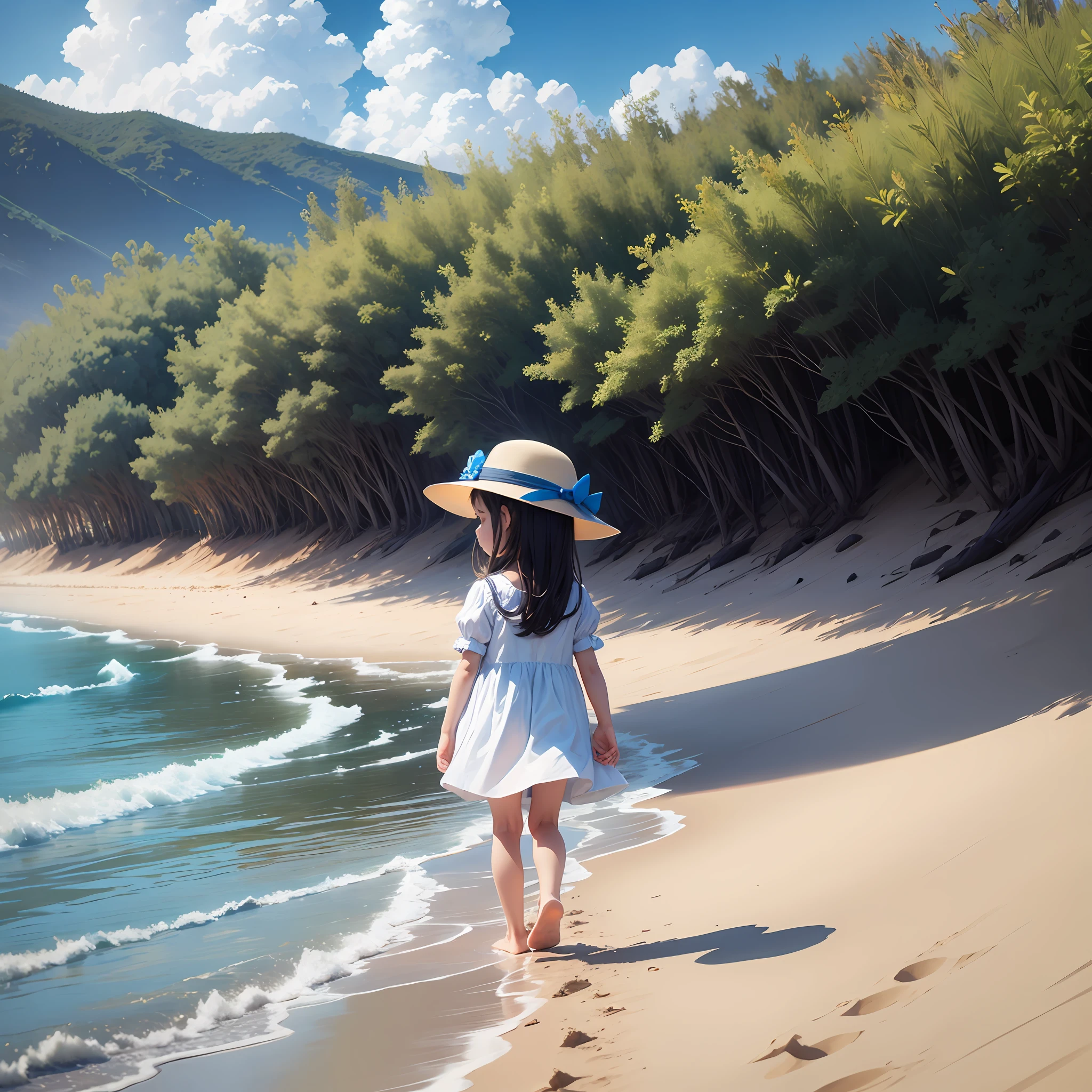 Blue sky, white clouds, sand, 5 year old little girl --auto --s2