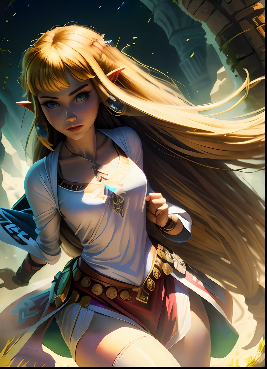 masterpiece, best_quality, 1girl, (solo:1.5), princess zelda, nintendo, the legend of zelda, white dress eithslits, thigh high white socks